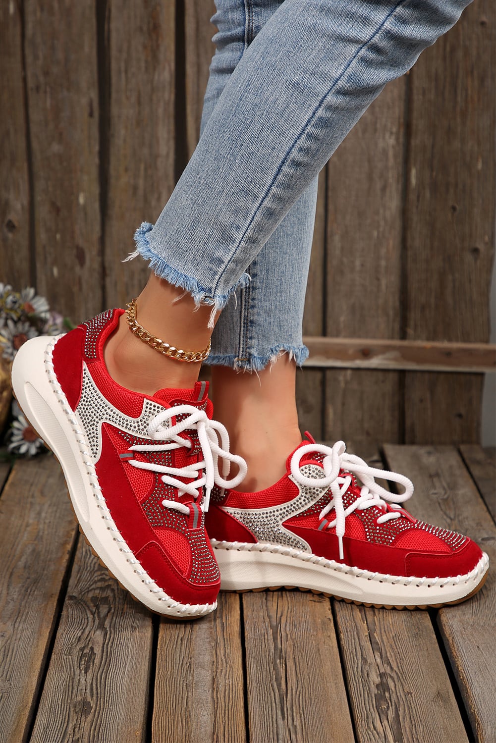 Fiery Red Rhinestone Embellished Color Block Patchwork Lace-up Breathable Sneakers