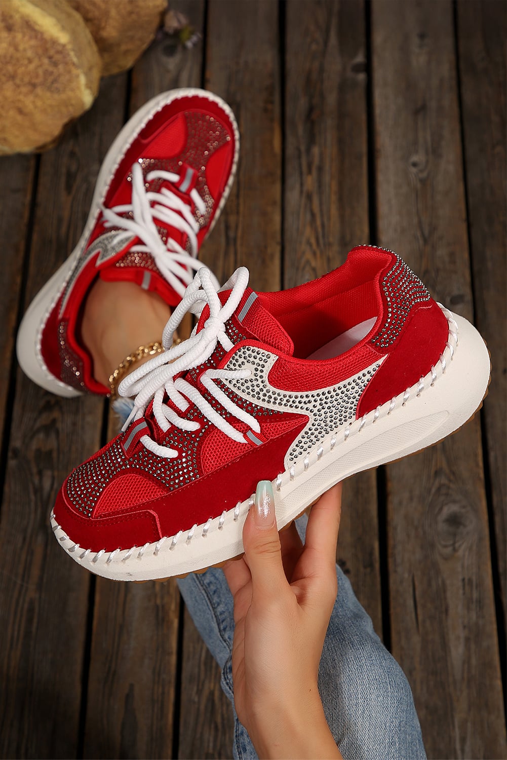 Fiery Red Rhinestone Embellished Color Block Patchwork Lace-up Breathable Sneakers
