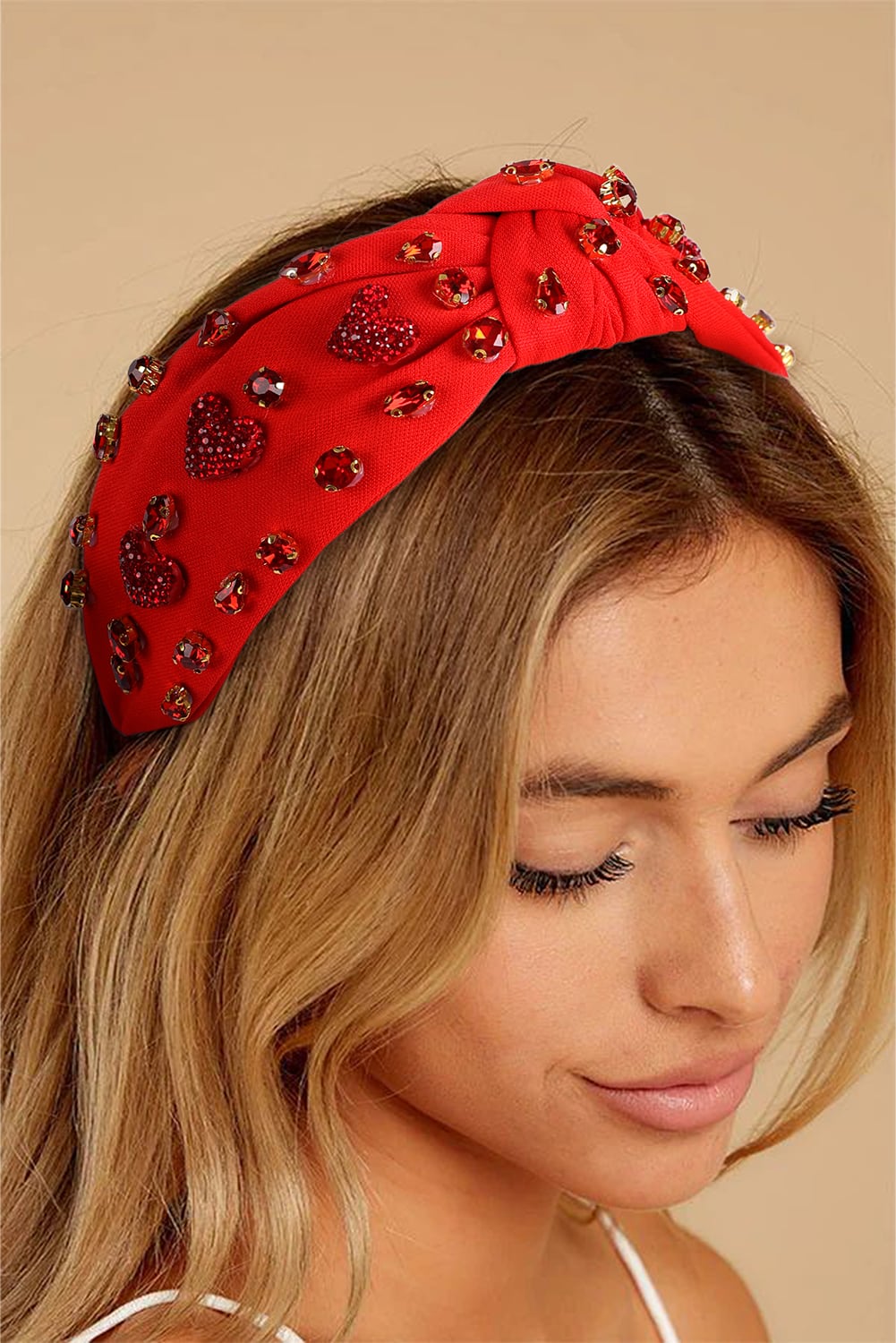 Fiery Red Rhinestone Heart Glass Drill Studded Knotted Wide Headband