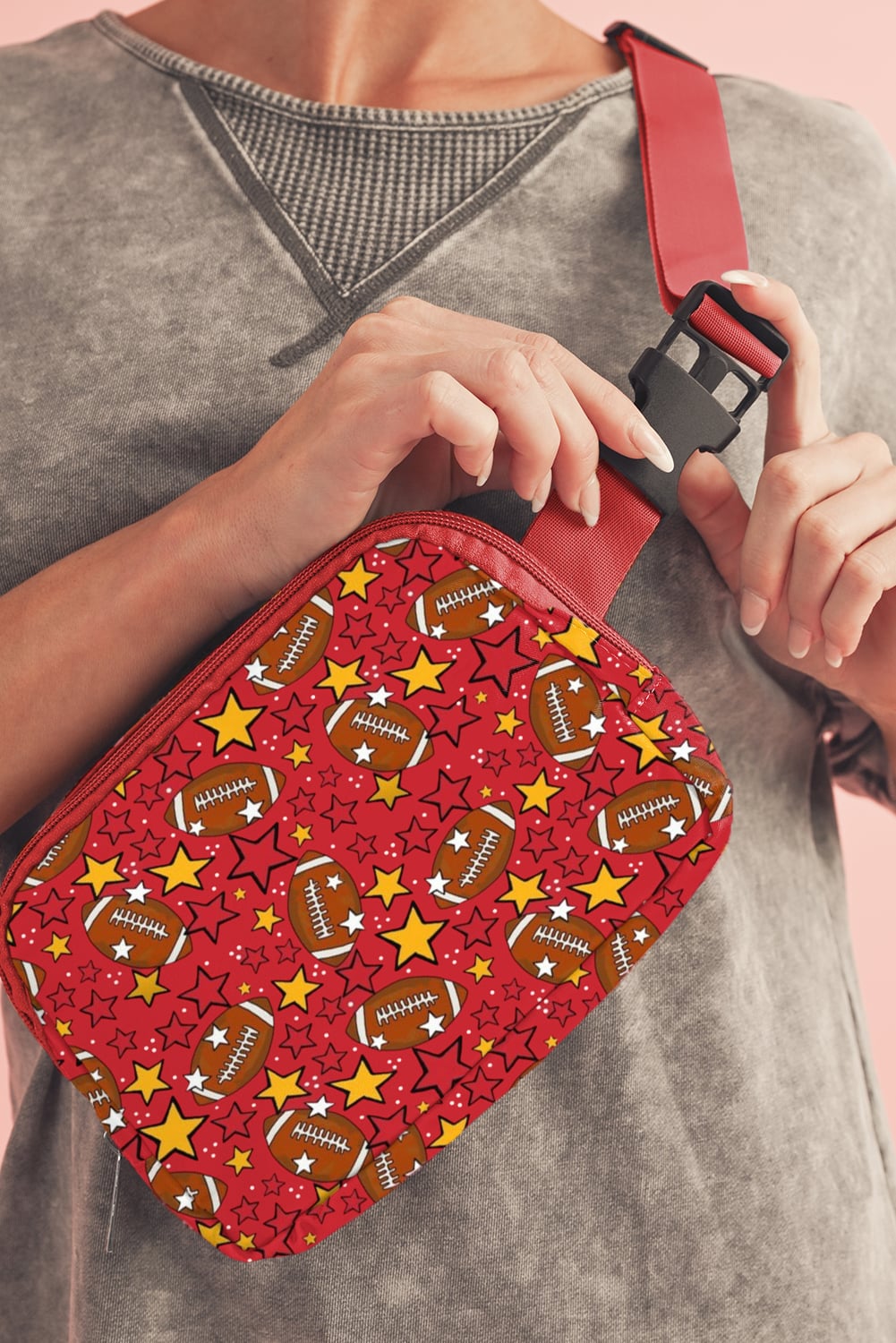 Fiery Red Rugby Football Star Printed Buckle Strap Crossbody Bag