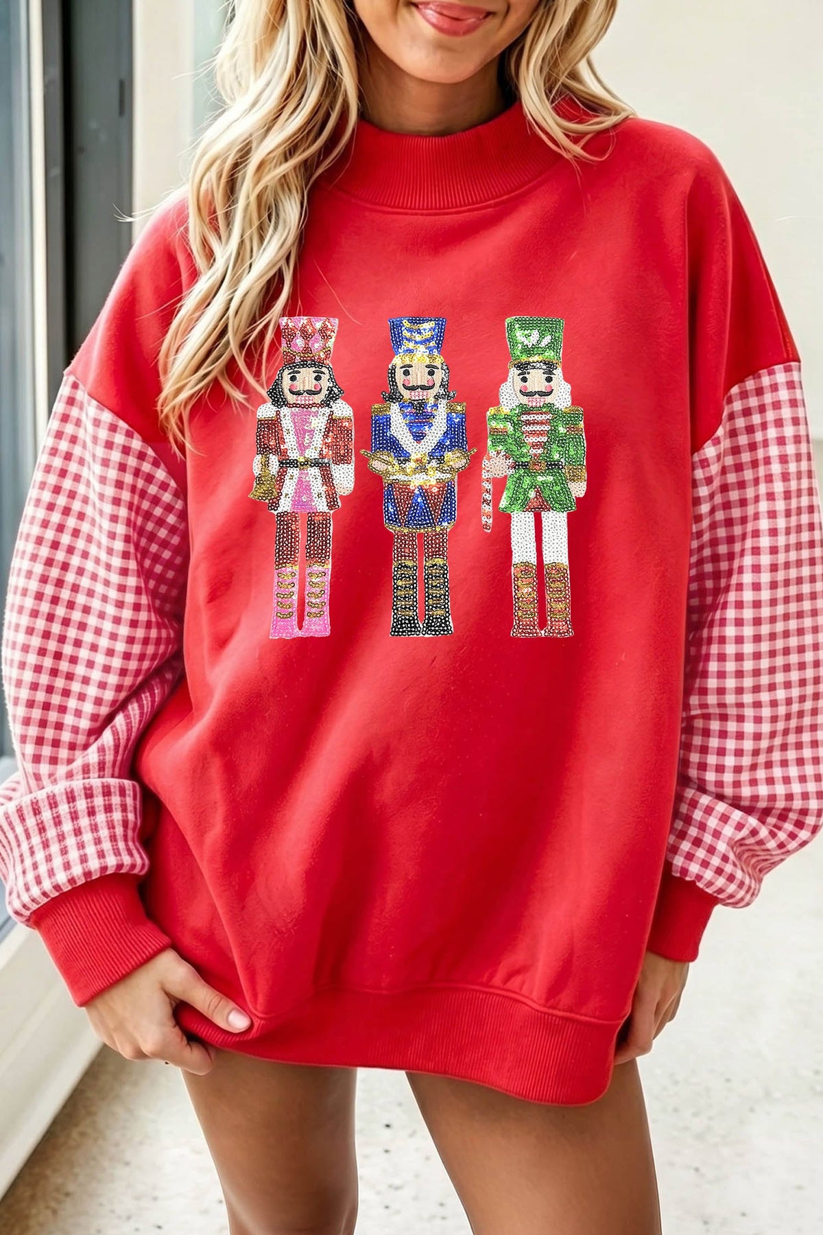 Fiery Red Sequin Nutcracker Plaid Sleeve Pullover Sweatshirt
