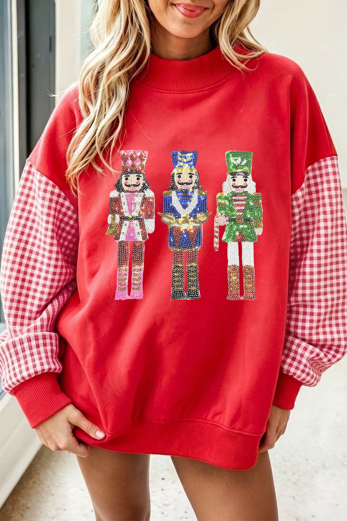 Fiery Red Sequin Nutcracker Plaid Sleeve Pullover Sweatshirt