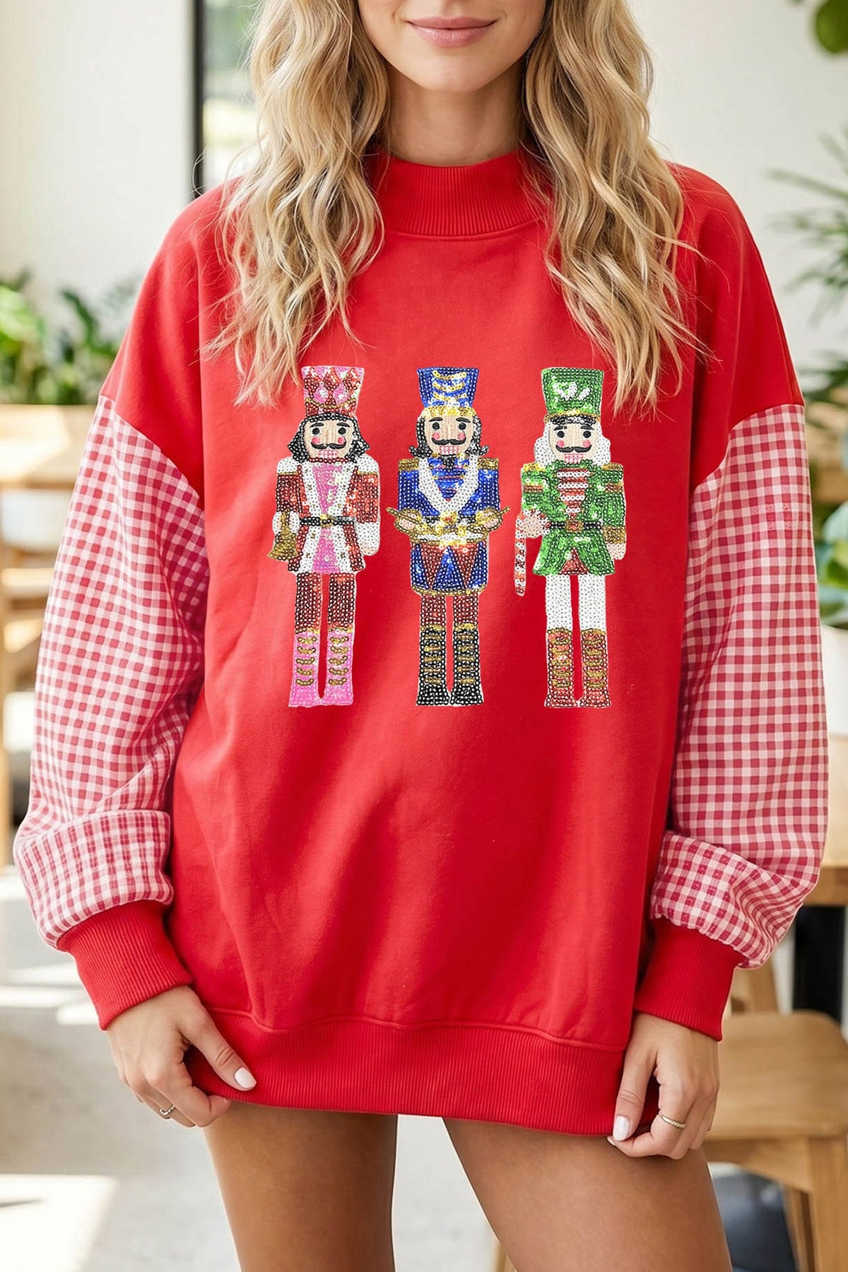 Fiery Red Sequin Nutcracker Plaid Sleeve Pullover Sweatshirt