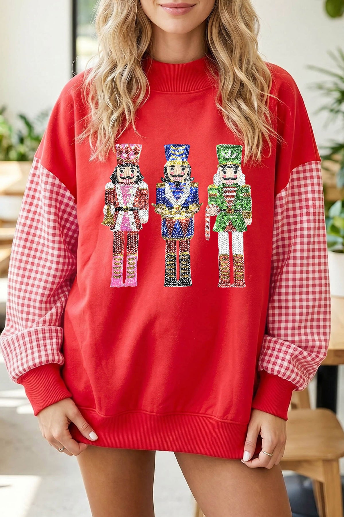 Fiery Red Sequin Nutcracker Plaid Sleeve Pullover Sweatshirt
