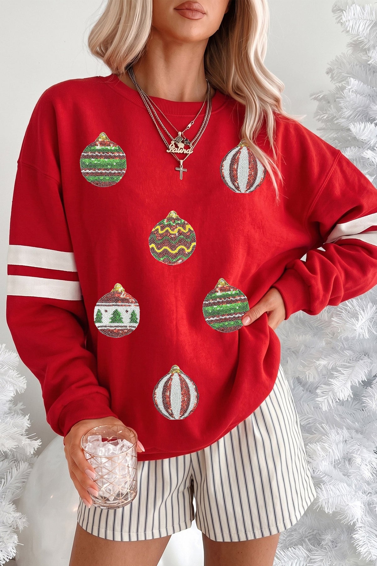 Fiery Red Sequin Ornament Oversized Varsity Sweatshirt
