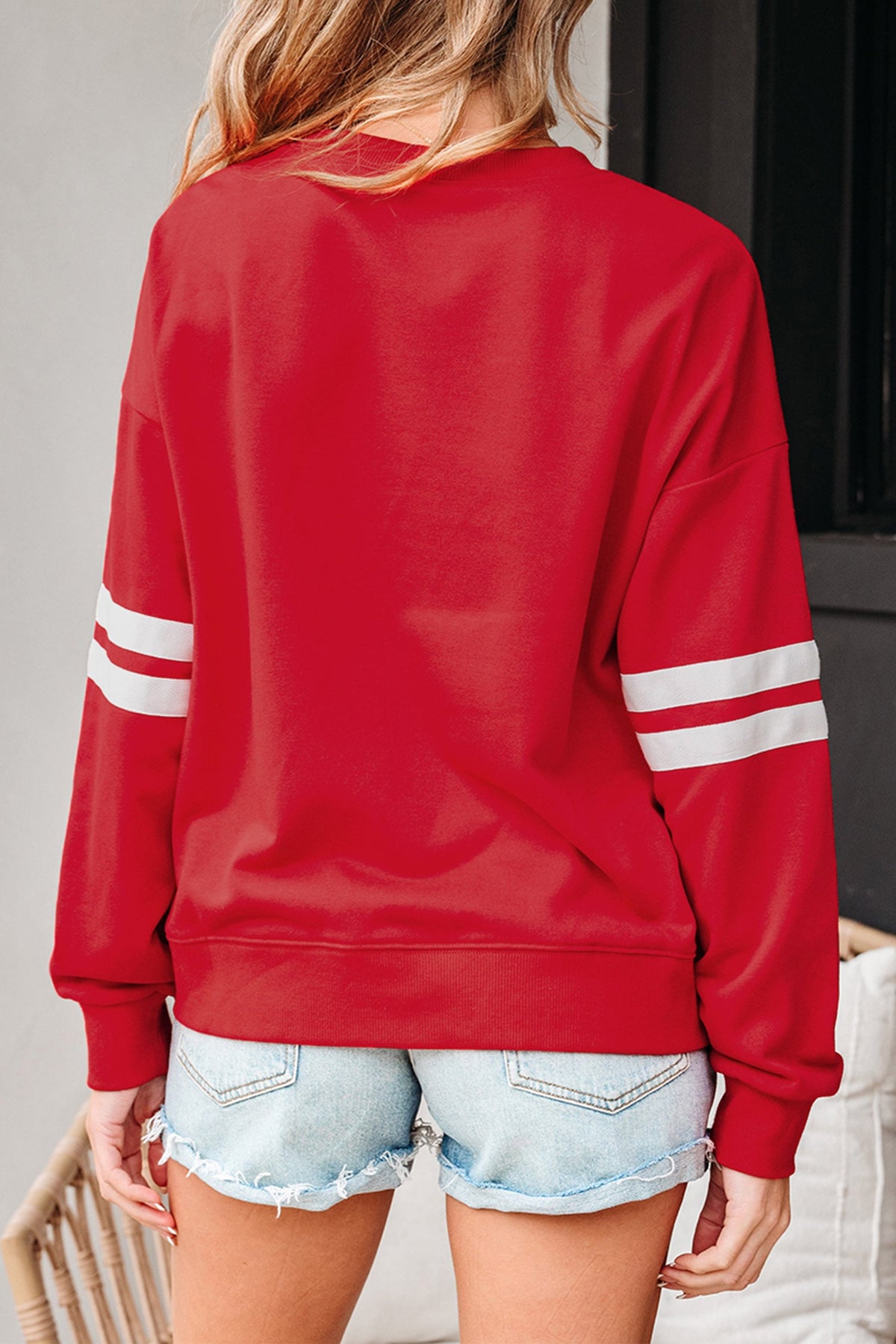 Fiery Red Sequin Ornament Oversized Varsity Sweatshirt