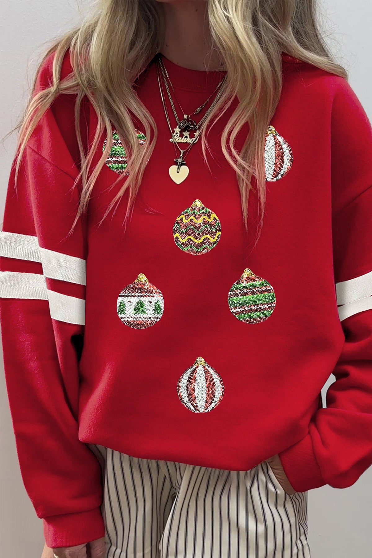 Fiery Red Sequin Ornament Oversized Varsity Sweatshirt