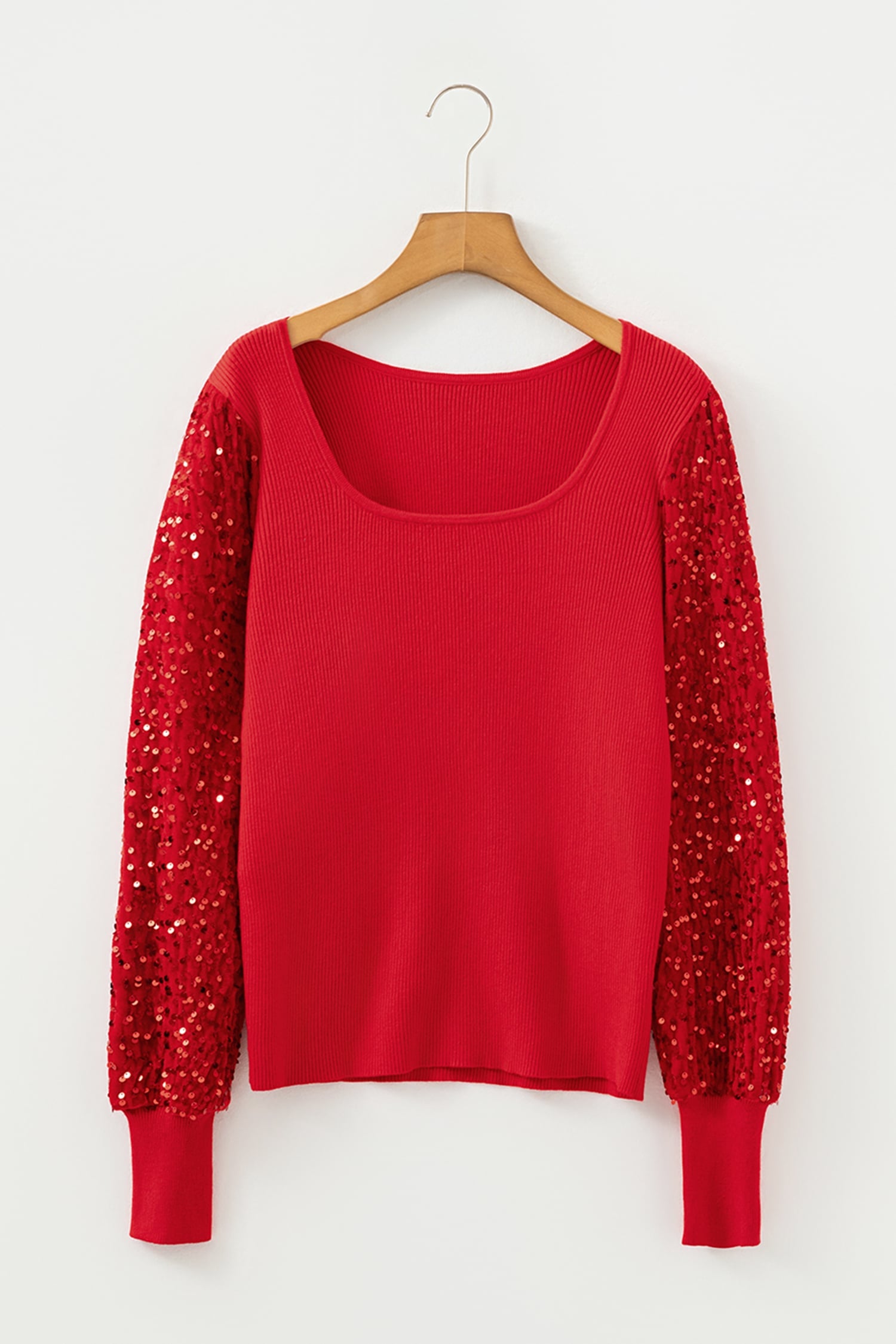 Fiery Red Sequin Sleeve Patchwork Ribbing Knit Square Neck Holiday Sweater