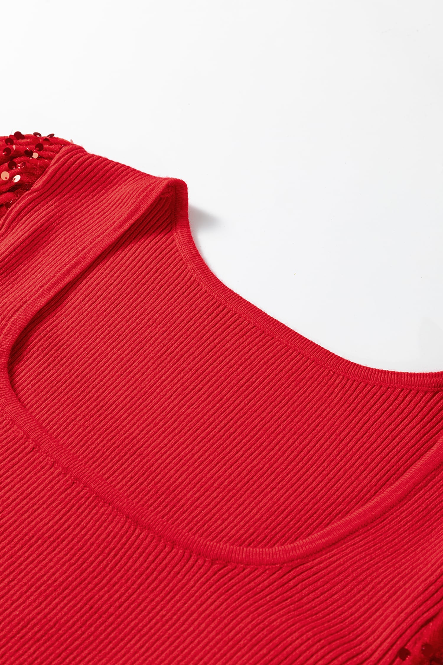 Fiery Red Sequin Sleeve Patchwork Ribbing Knit Square Neck Holiday Sweater
