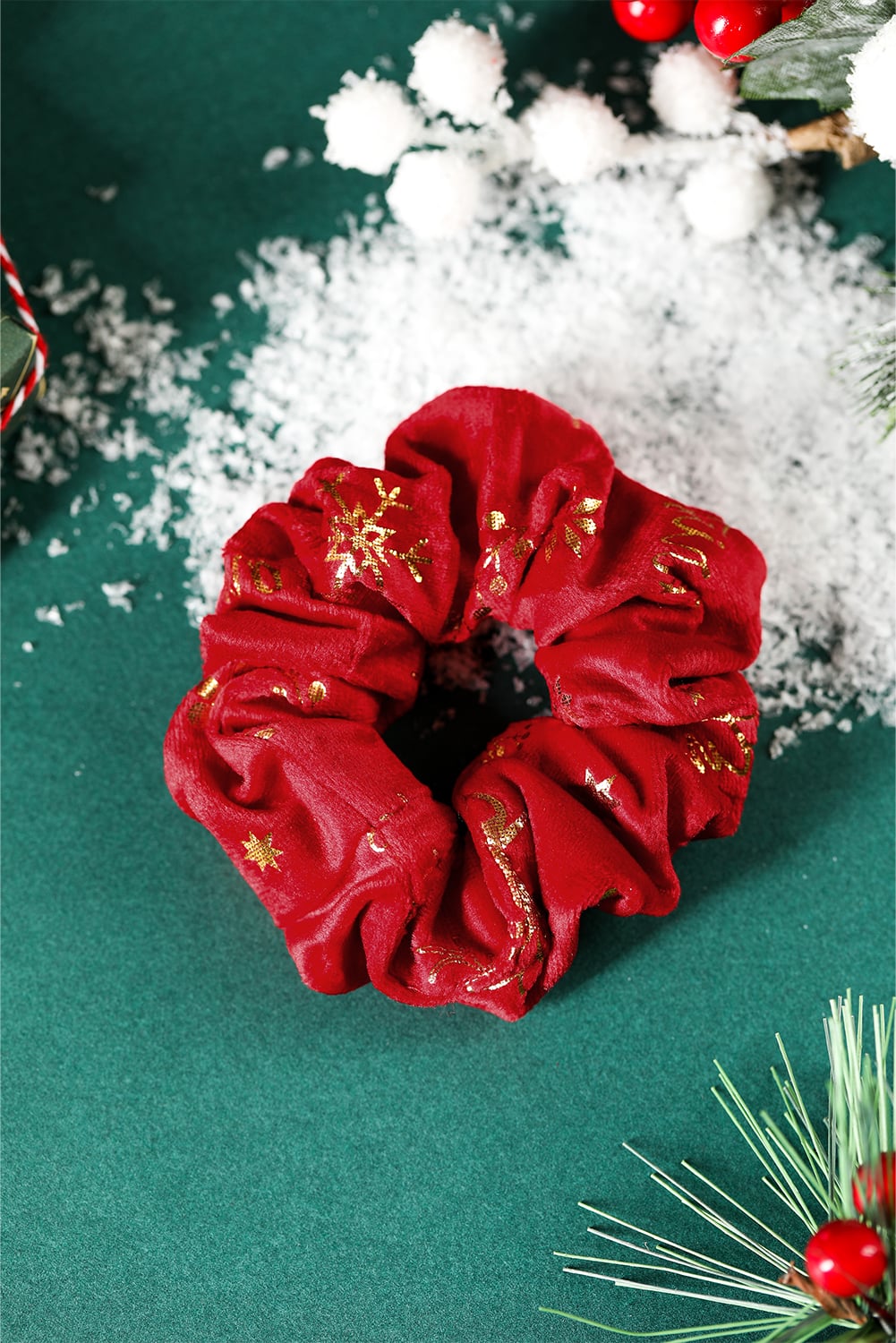 Fiery Red Shimmer Christmas Snowflake Reindeer Print Scrunchie Hair Tie