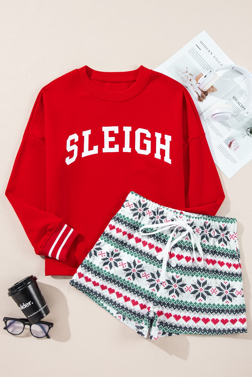 Fiery Red SLEIGH Snowflake Print Long Sleeve Wide Leg Lounge Set