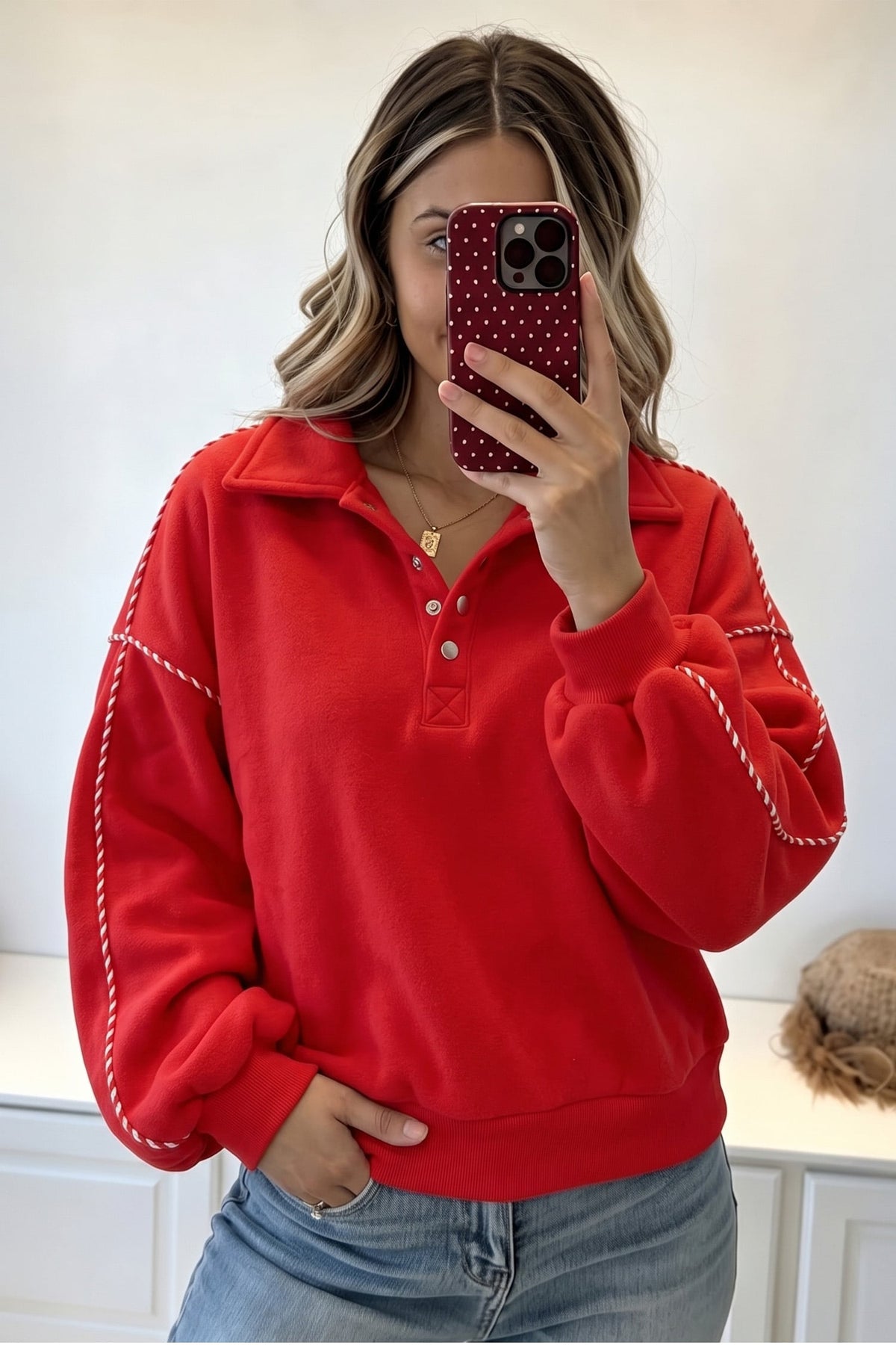 Fiery Red Snap Button Sleeve Candy Cane Lane Detail Pullover Sweatshirt