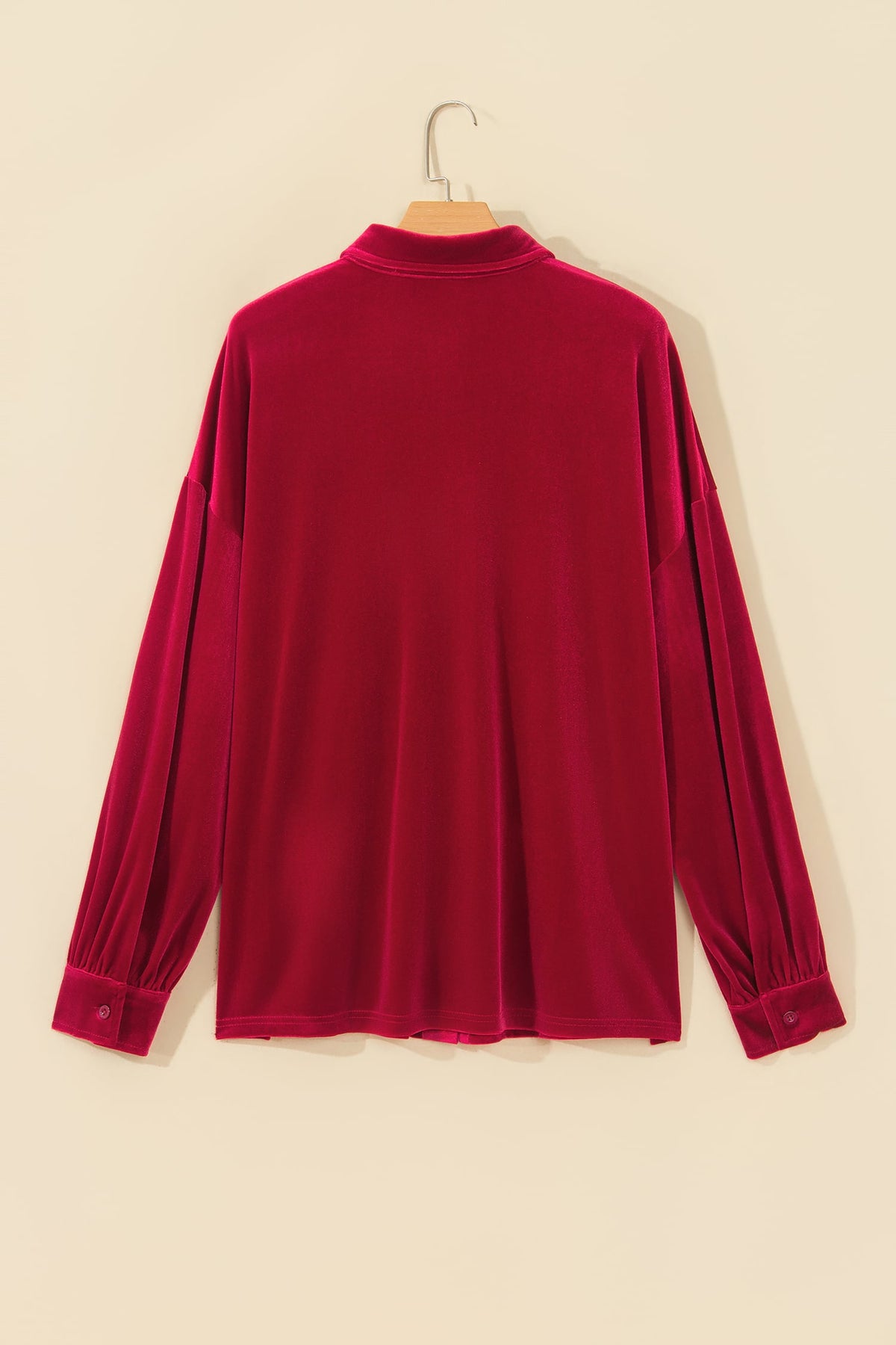 Fiery Red Soft Velvet Patch Pocket Button Down Loose Shirt