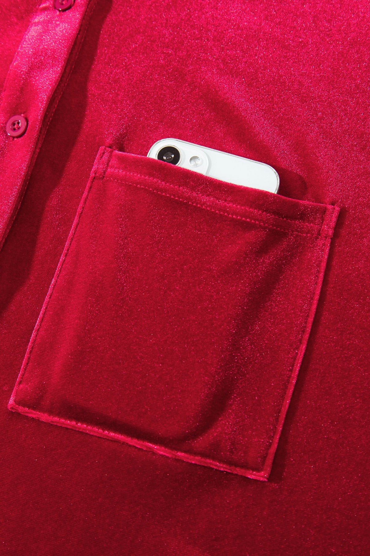 Fiery Red Soft Velvet Patch Pocket Button Down Loose Shirt