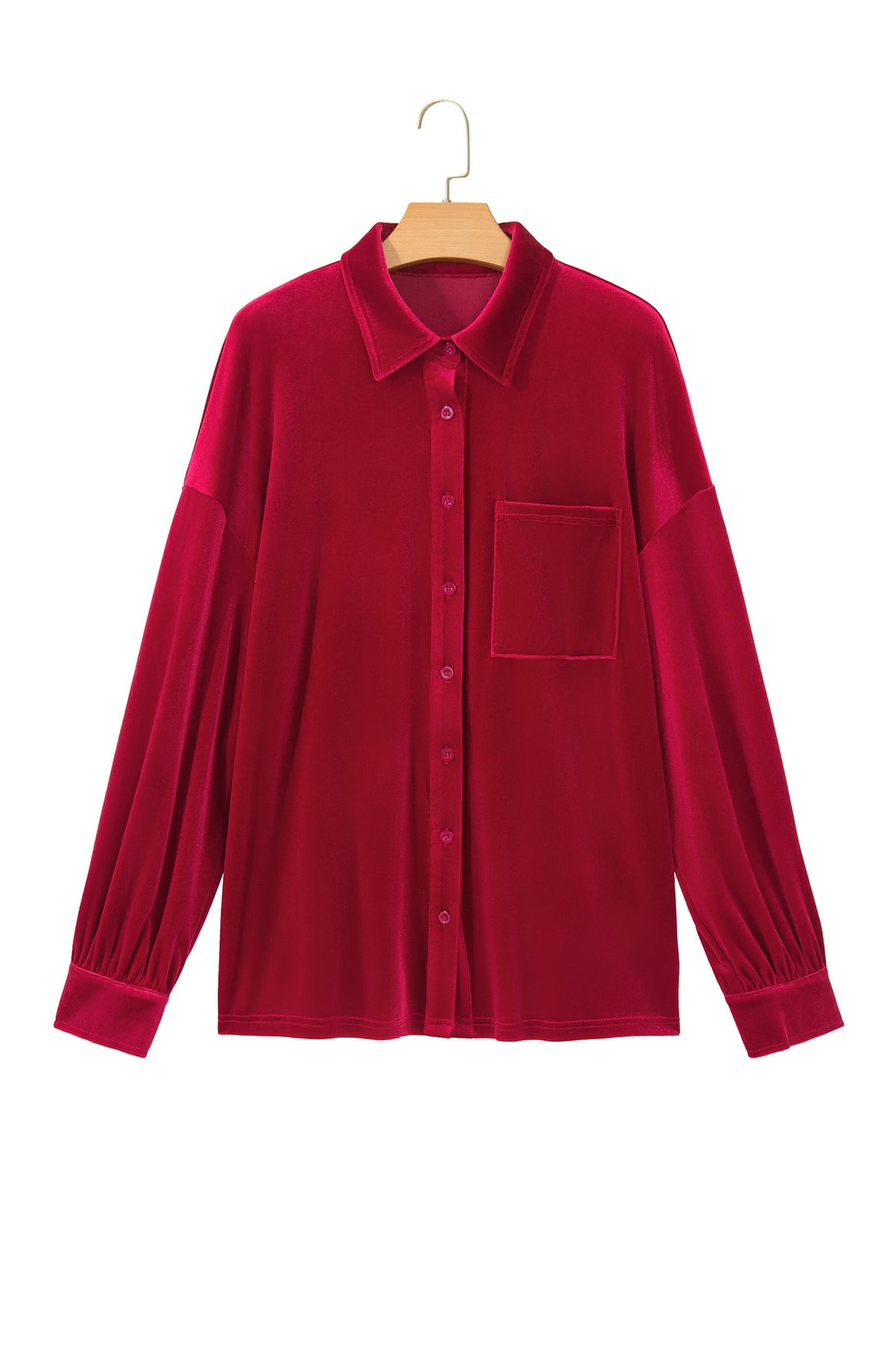 Fiery Red Soft Velvet Patch Pocket Button Down Loose Shirt