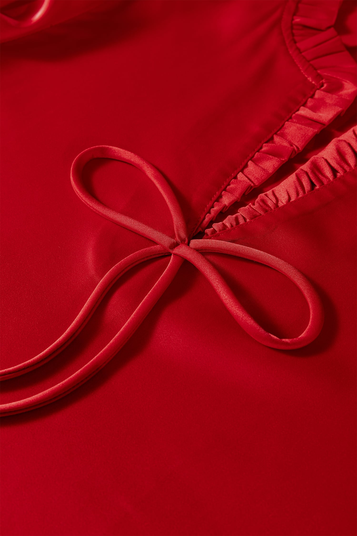 Fiery Red Solid Color Frilled V Neck Bow Detail 3/4 Sleeve Blouse