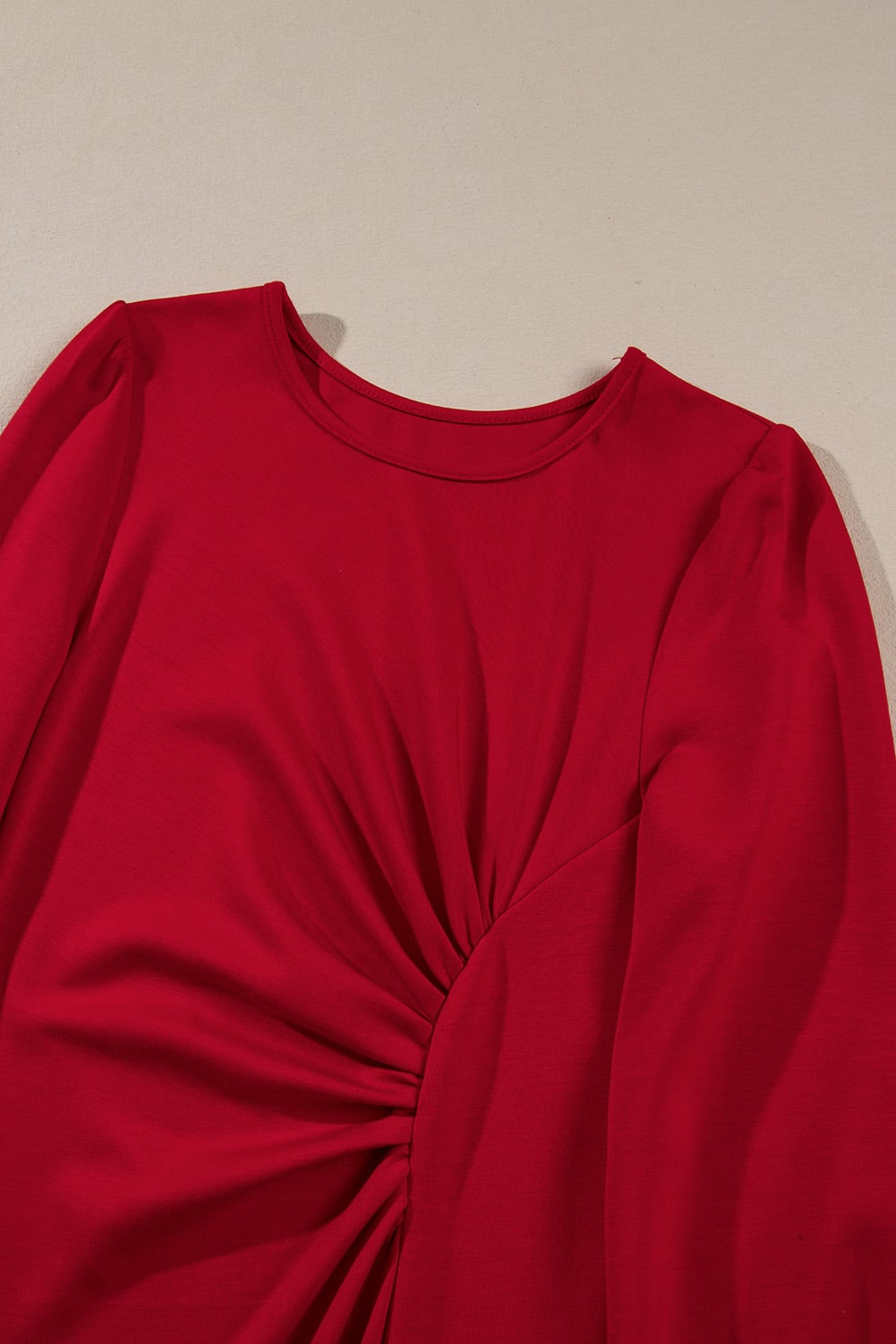 Fiery Red Solid Color Ruched Detail Long Sleeve Midi Dress