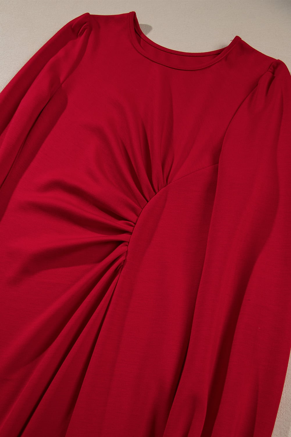 Fiery Red Solid Color Ruched Detail Long Sleeve Midi Dress