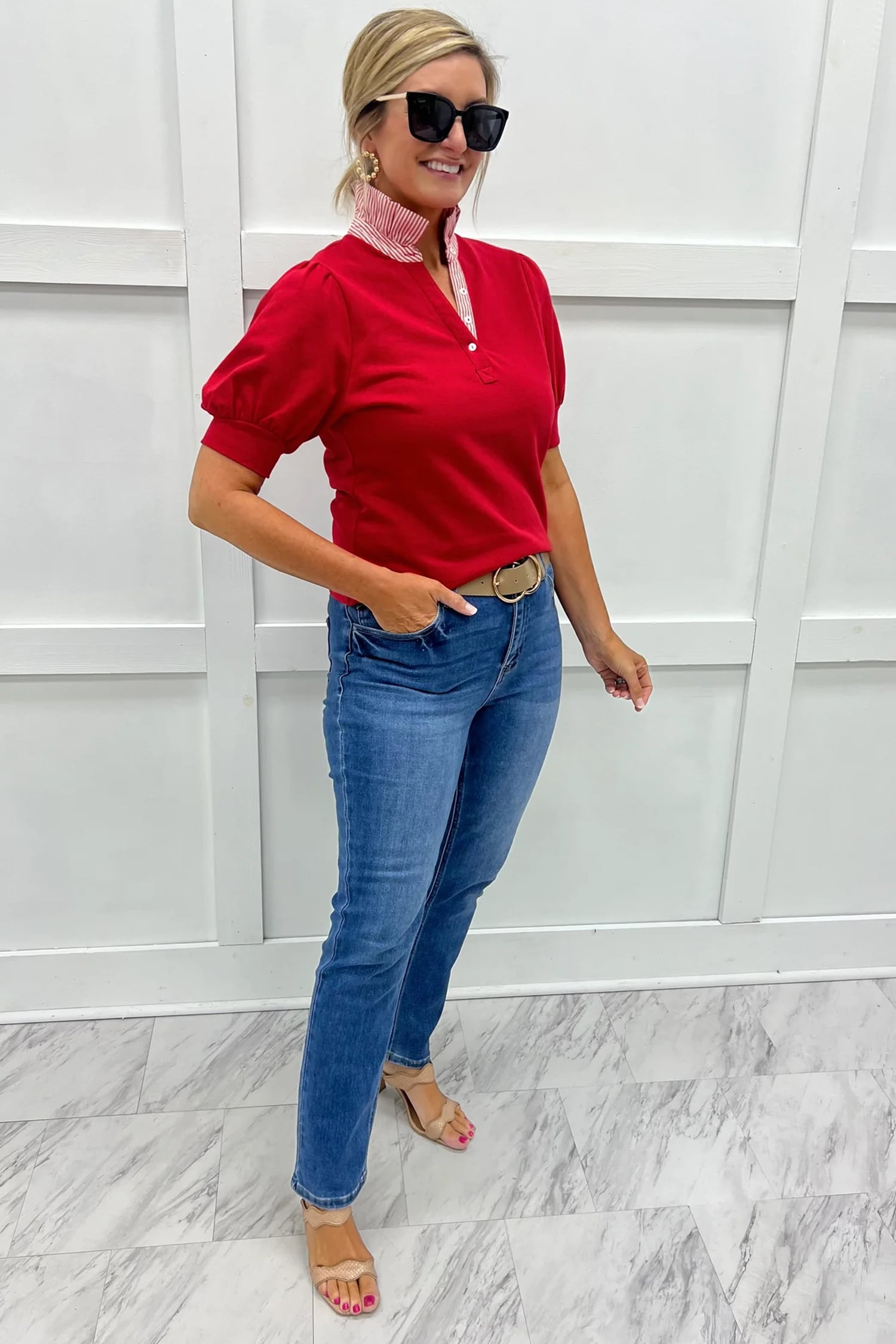 Fiery Red Striped Frilled Collar Short Sleeve Blouse