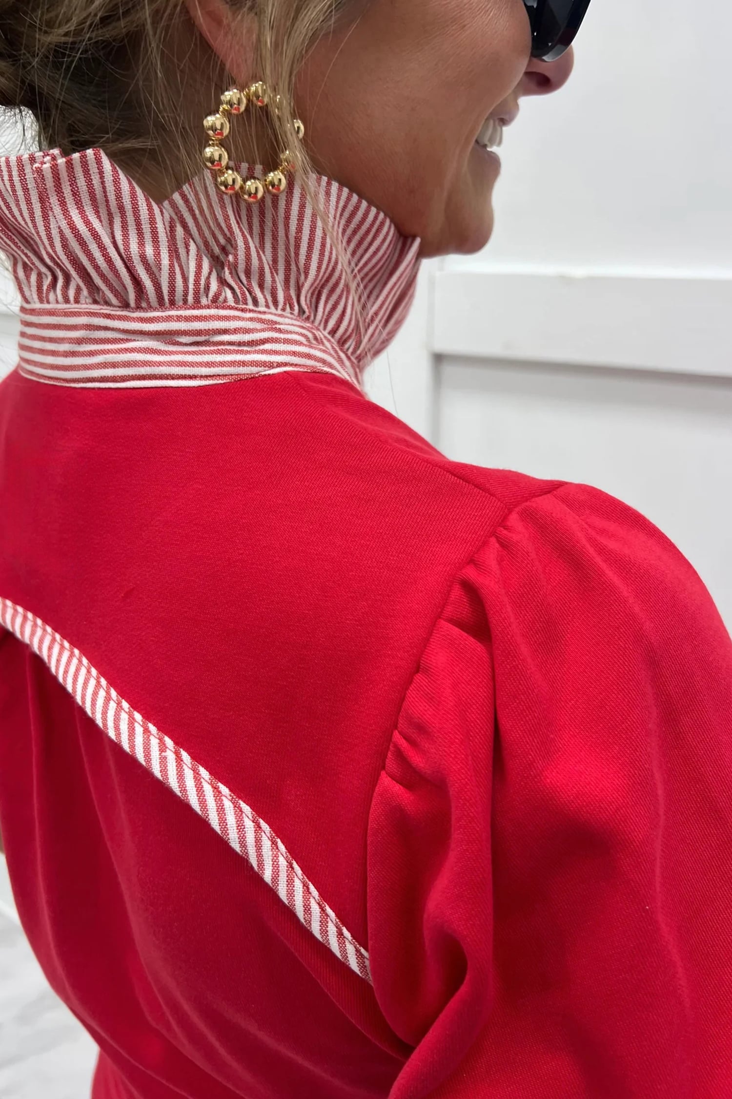 Fiery Red Striped Frilled Collar Short Sleeve Blouse