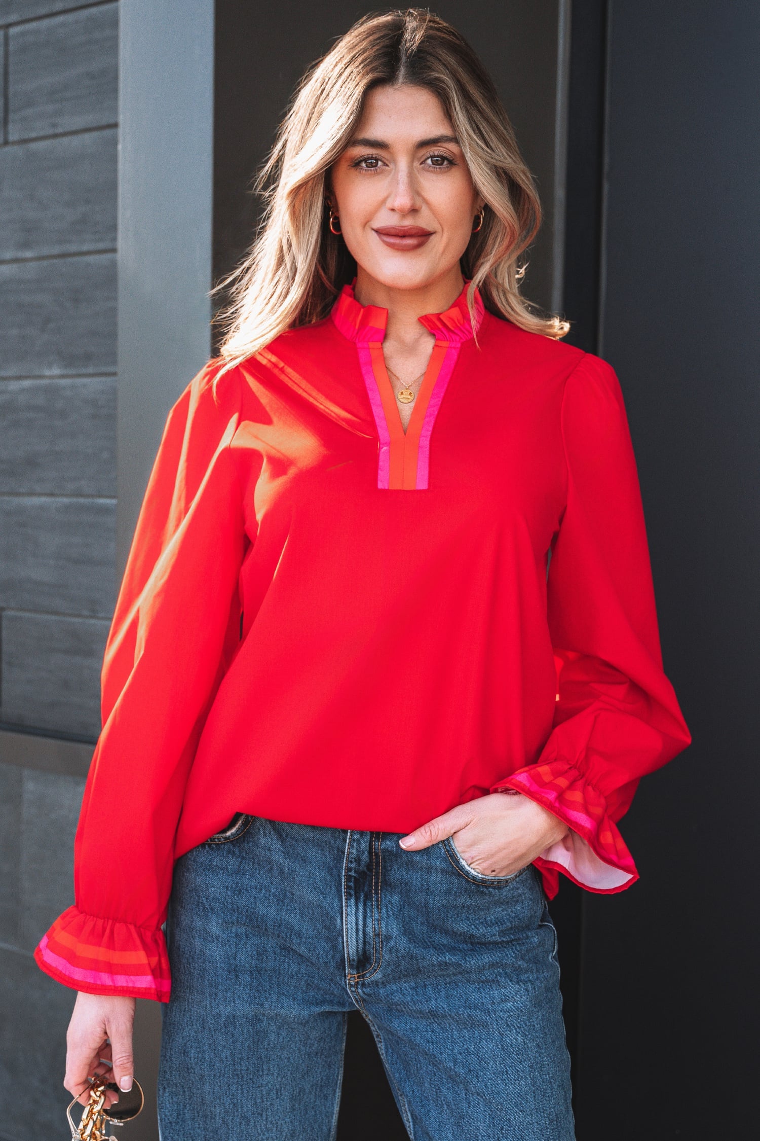 Fiery Red Striped Trim Ruffle Split Neck Long Sleeve Blouse