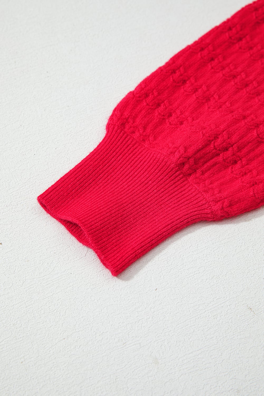 Fiery Red Trendy Pattern Knit Ribbed Cuffs Crew Neck Sweater
