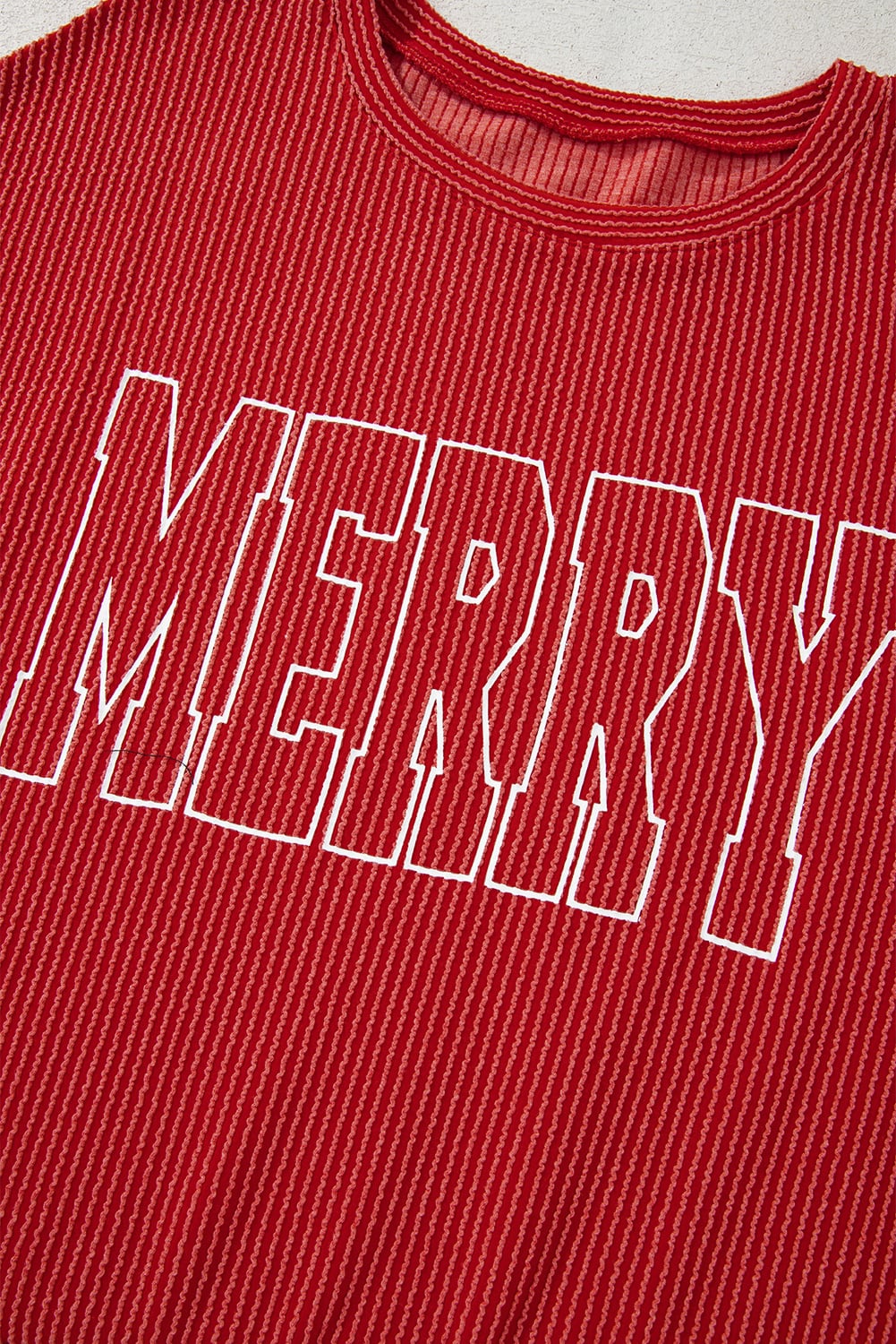 Fiery Red Twist Ribbed MERRY Letter Graphic Plus Size Pullover
