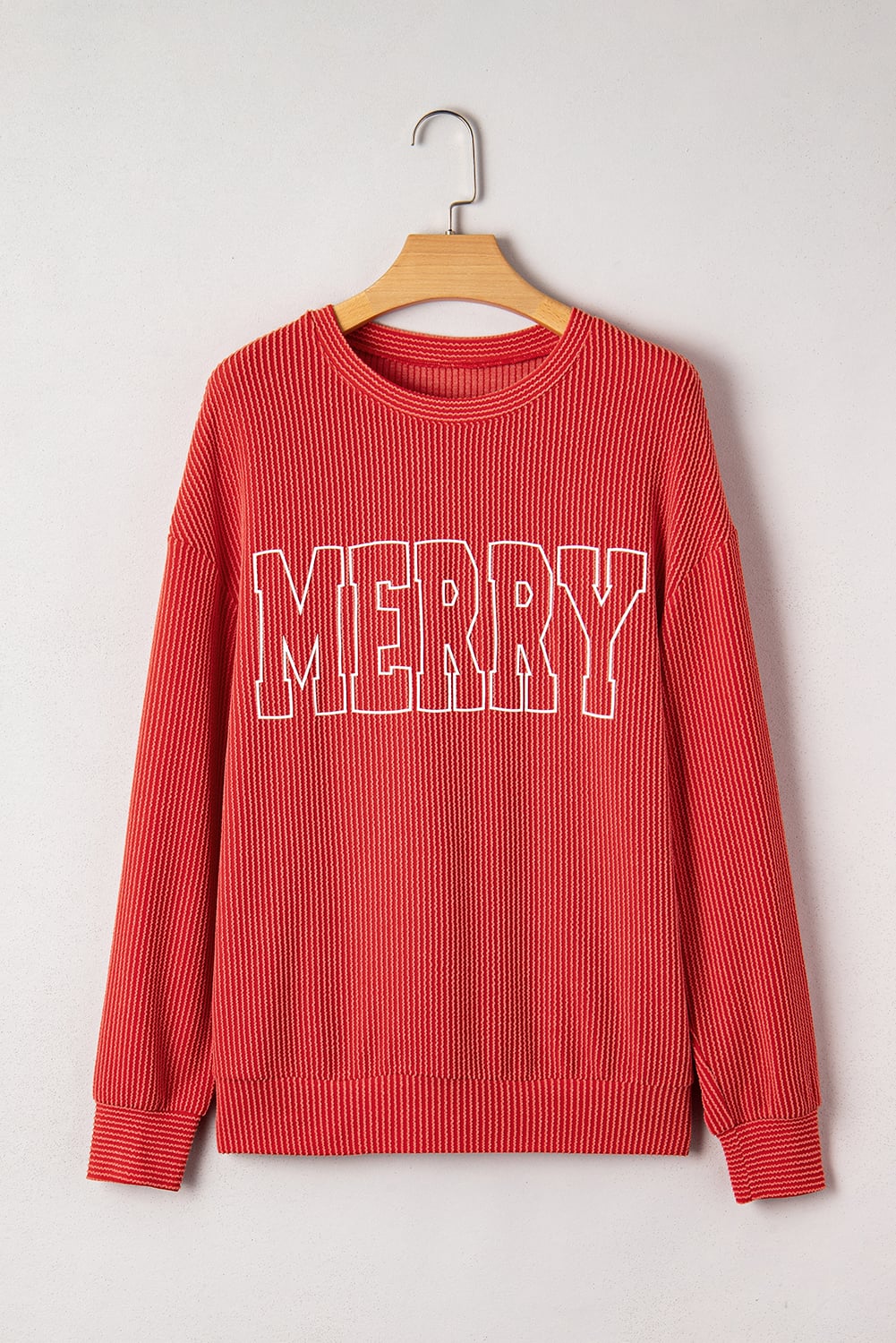 Fiery Red Twisted Rib Outlined Merry Letter Graphic Loose Long Sleeve Top