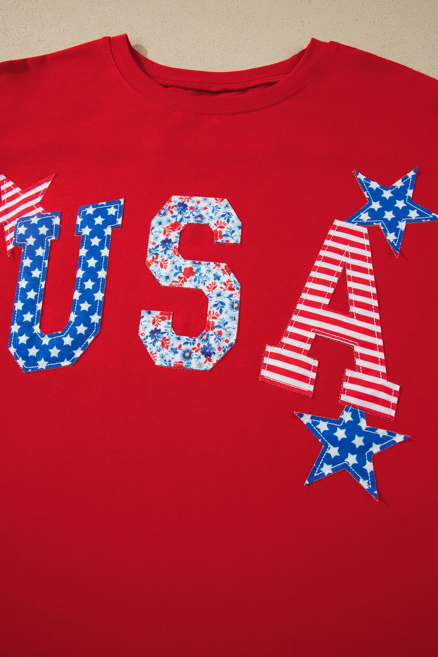 Fiery Red Patriotic USA Slogan Patch Embroidery Short Sleeve T Shirt