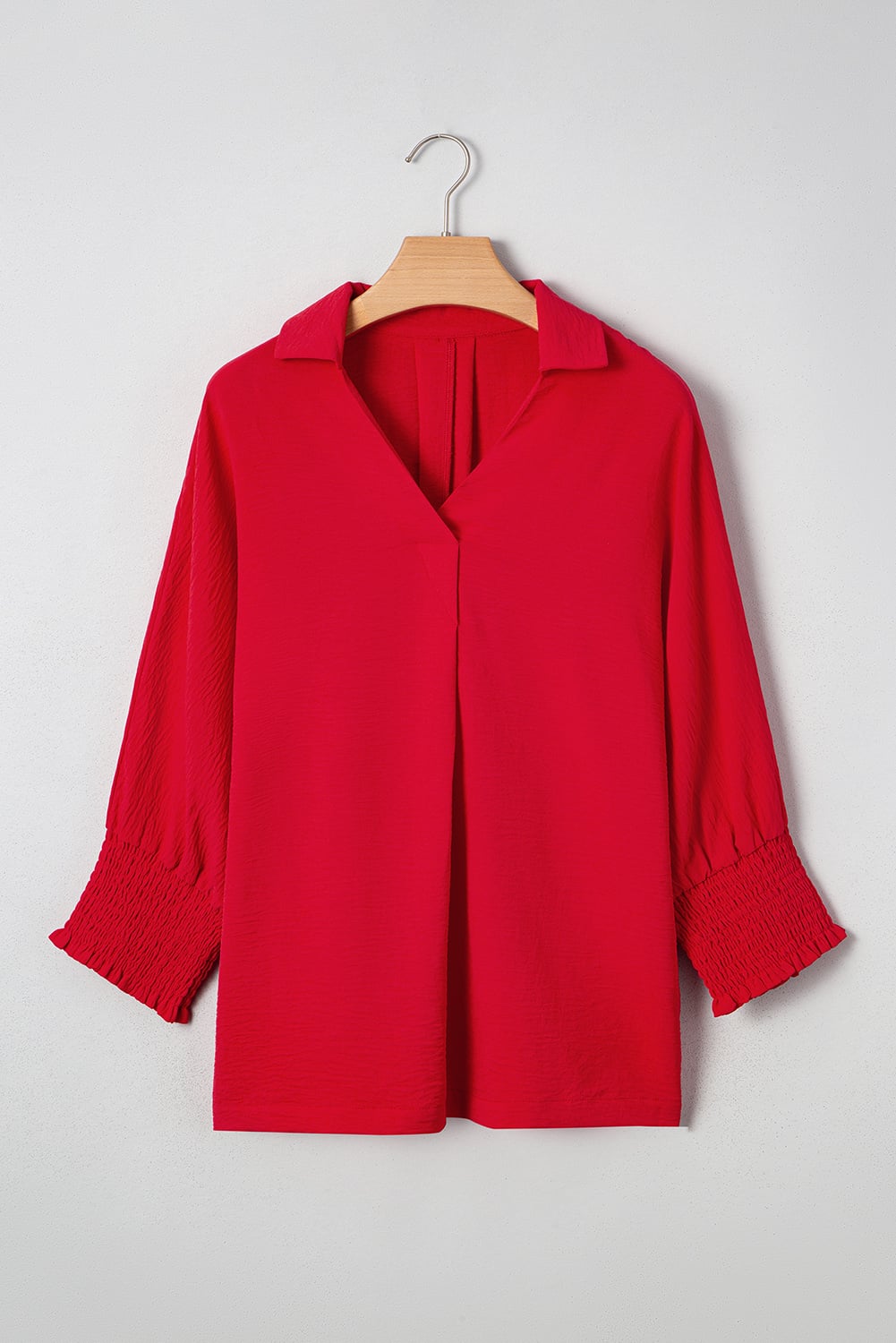 Fiery Red V Neck Collared Shirred 3/4 Sleeve Oversized Tunic Top