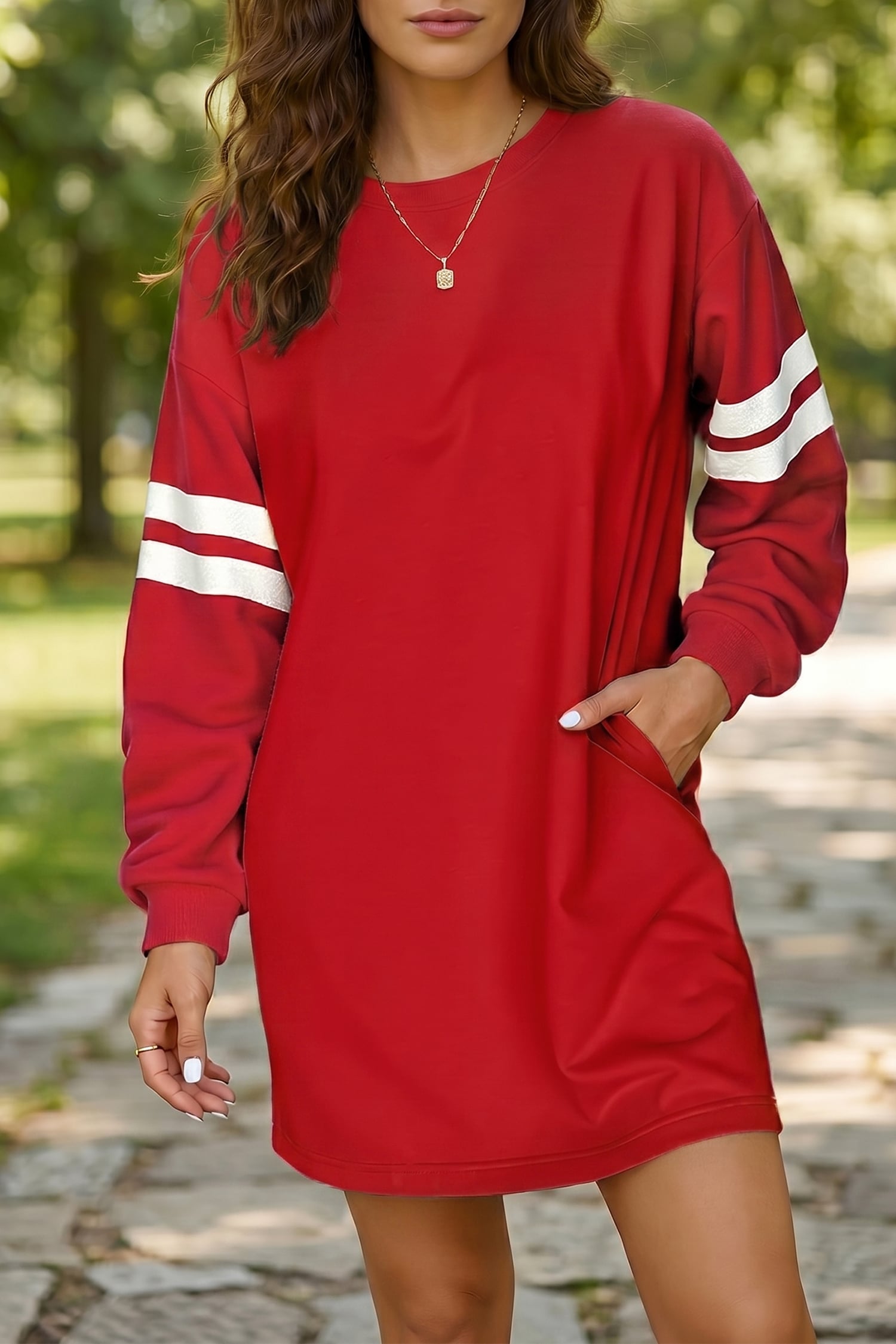 Fiery Red Varsity Contrast Banded Sleeve Shift Sweatshirt Dress