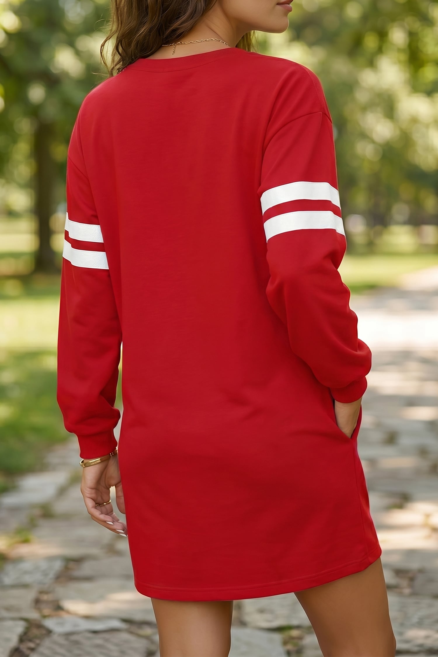 Fiery Red Varsity Contrast Banded Sleeve Shift Sweatshirt Dress