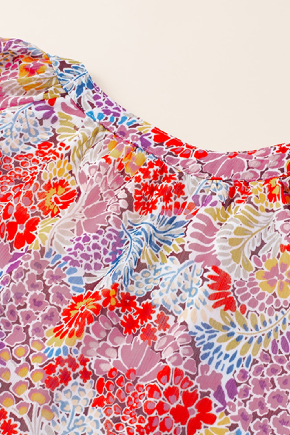 Fiery Red White Floral Print V Neck Long Puff Sleeve Top
