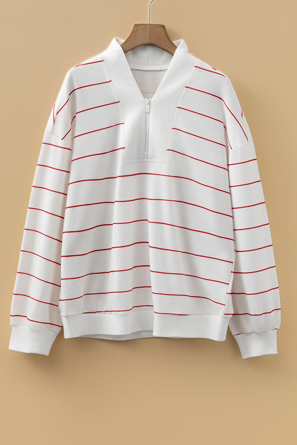 Fiery Red Zip V Neck Casual Stripe Print Drop Shoulder Long Sleeve Top
