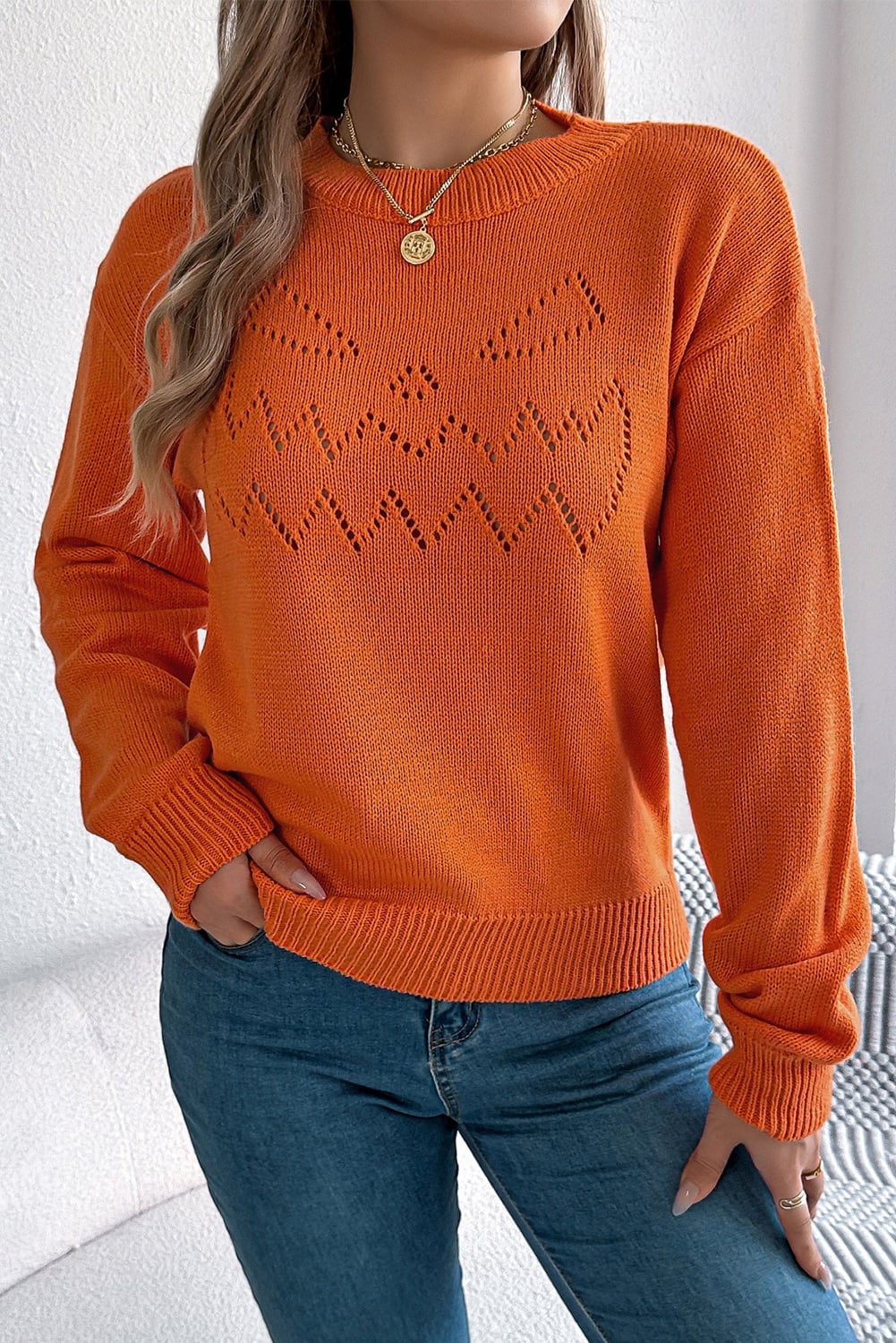 Flamingo Halloween Spooky Face Hollowed Pattern Casual Sweater