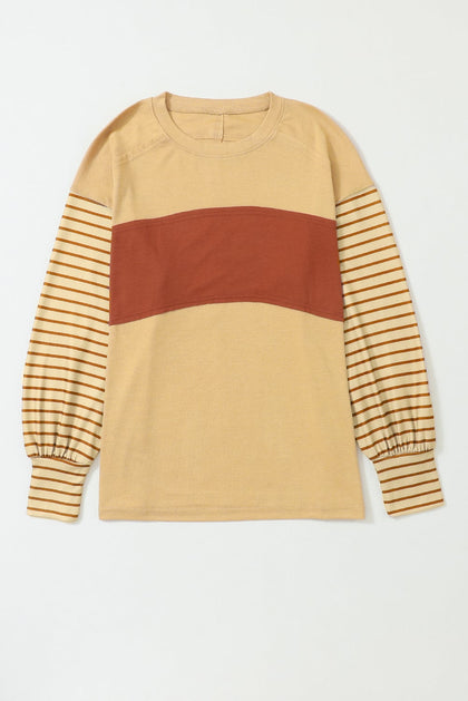 Light French Beige Colorblock Striped Bishop Sleeve Top