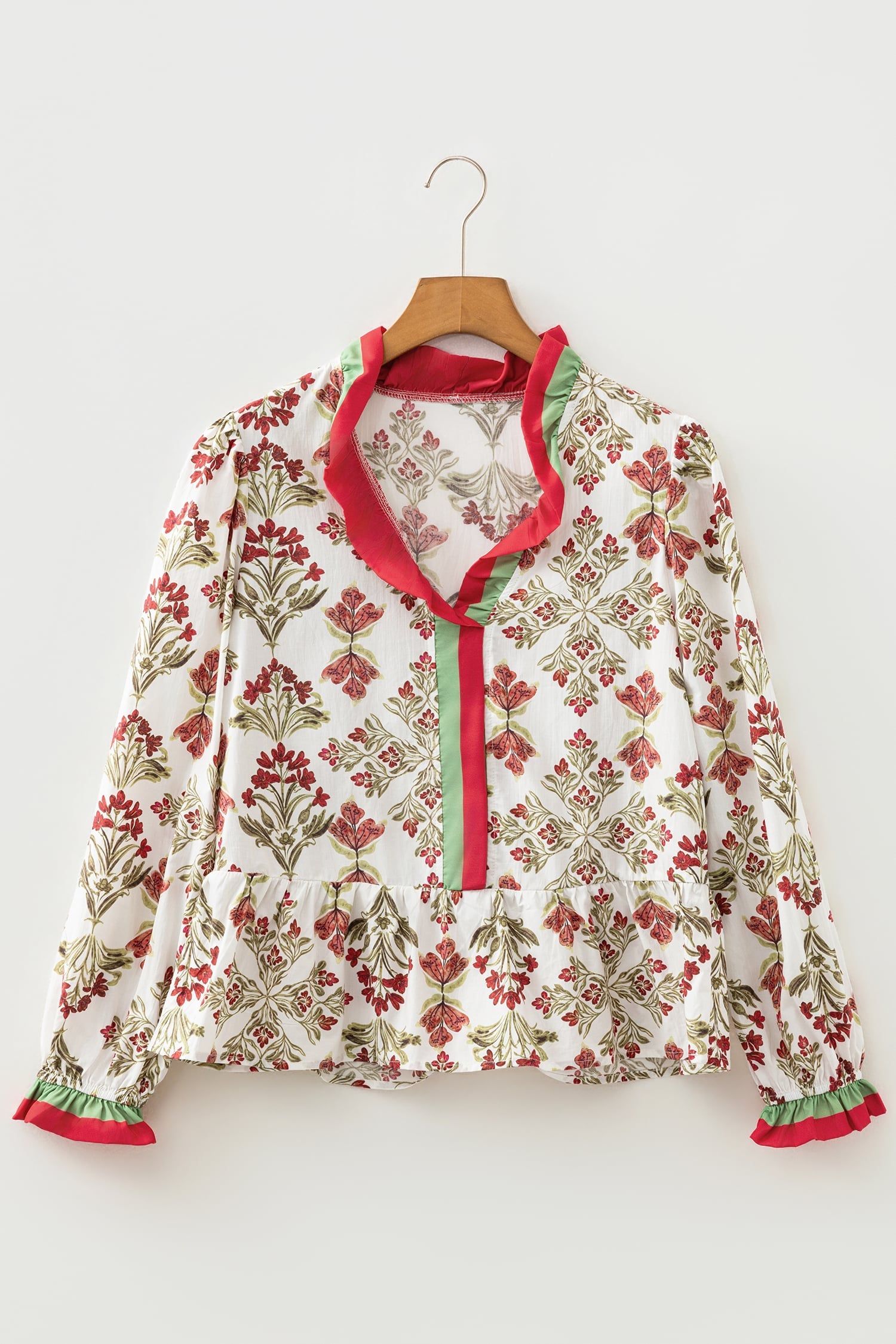Floral Print Frilled Color Block Trim V Neck Long Sleeve Peplum Top