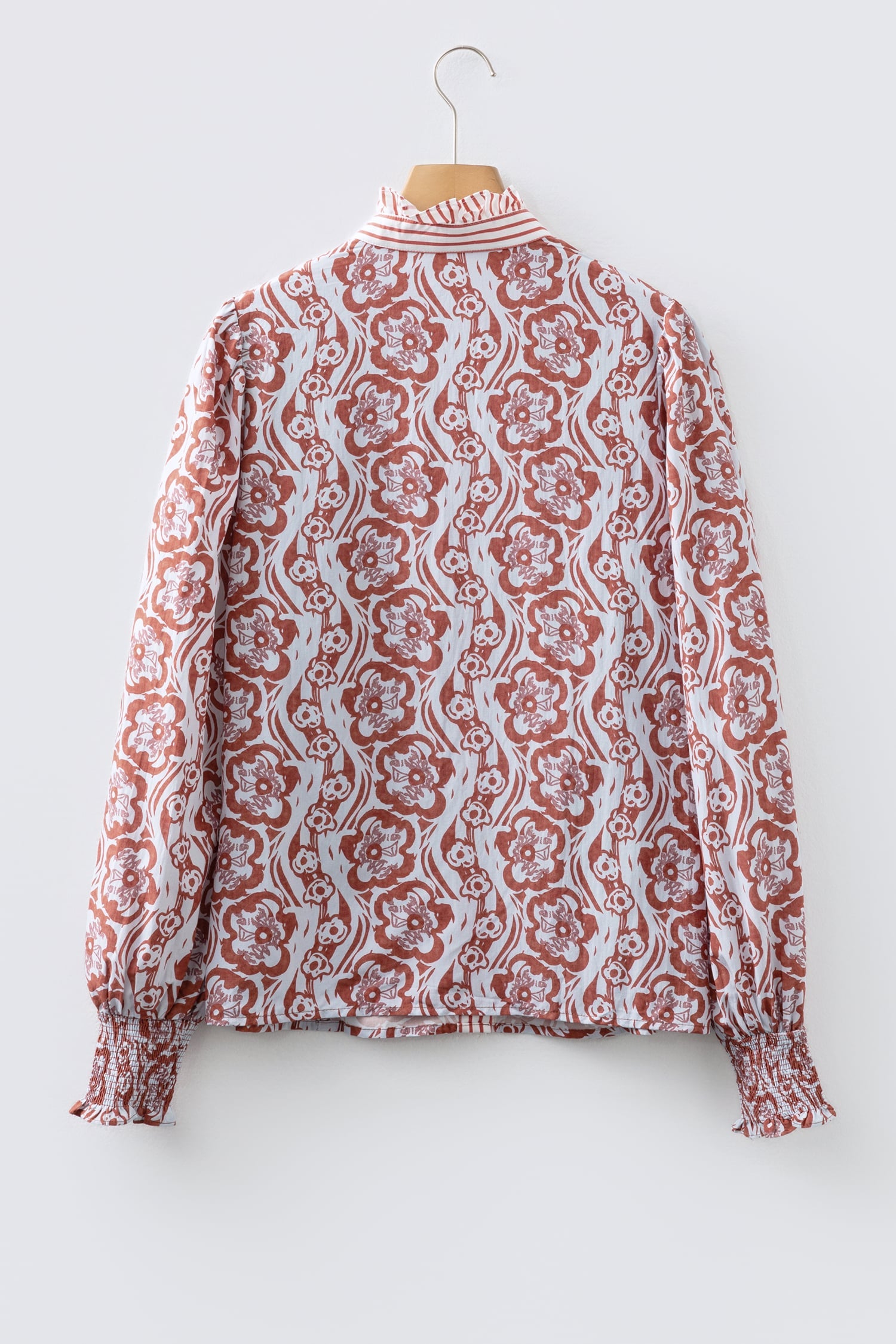 Floral Print Frilled Striped Trim Button Down Smocked Cuffs Long Sleeve Shirt