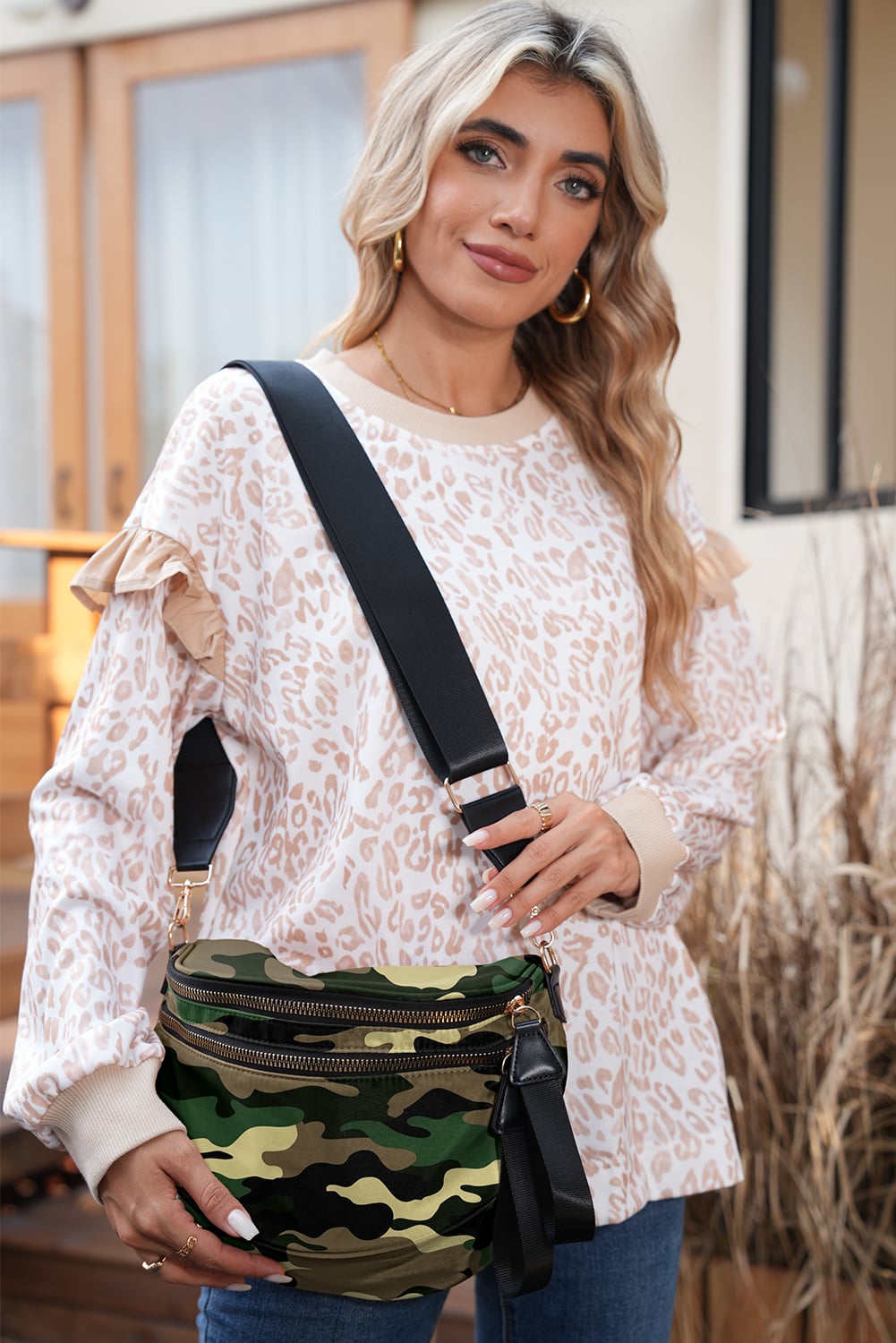 Four Leaf Clover Abstract/ Camouflage/ Polka Dot/ Leopard Print Double Zip Fashion Crossbody Bag