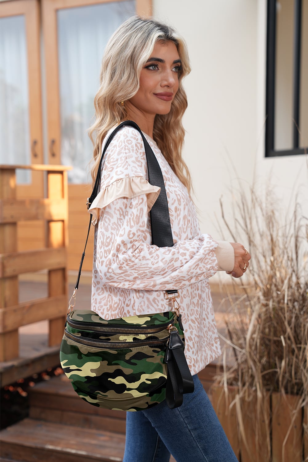 Four Leaf Clover Abstract/ Camouflage/ Polka Dot/ Leopard Print Double Zip Fashion Crossbody Bag