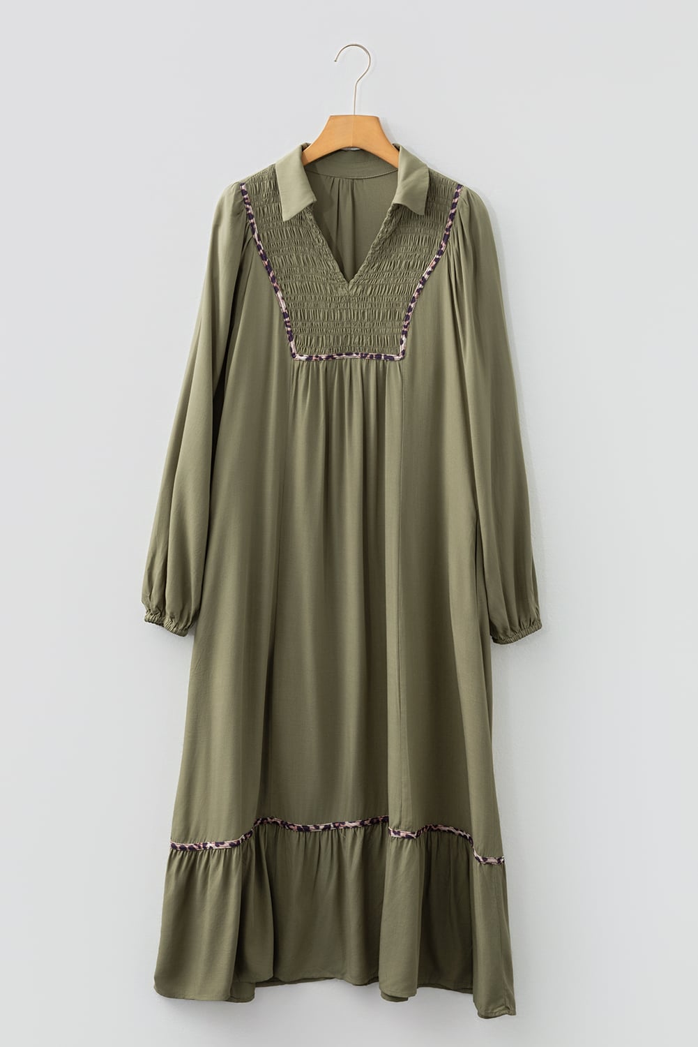 Four Leaf Clover Collared V Neck Smocked Detail Contrast Leopard Trim Bracelet Sleeve Long Dress