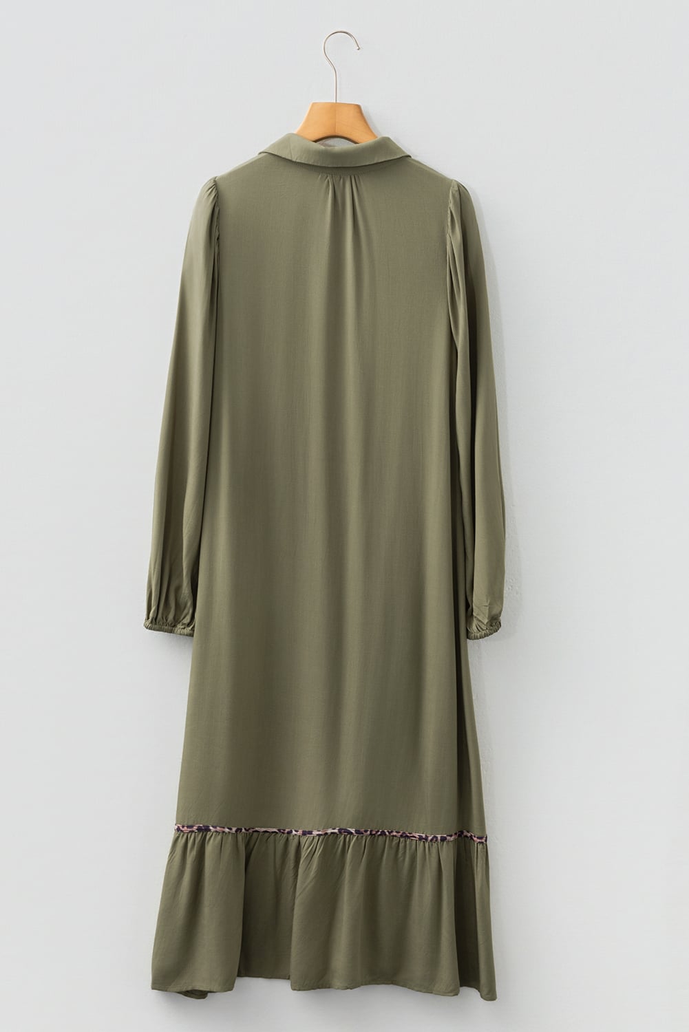 Four Leaf Clover Collared V Neck Smocked Detail Contrast Leopard Trim Bracelet Sleeve Long Dress
