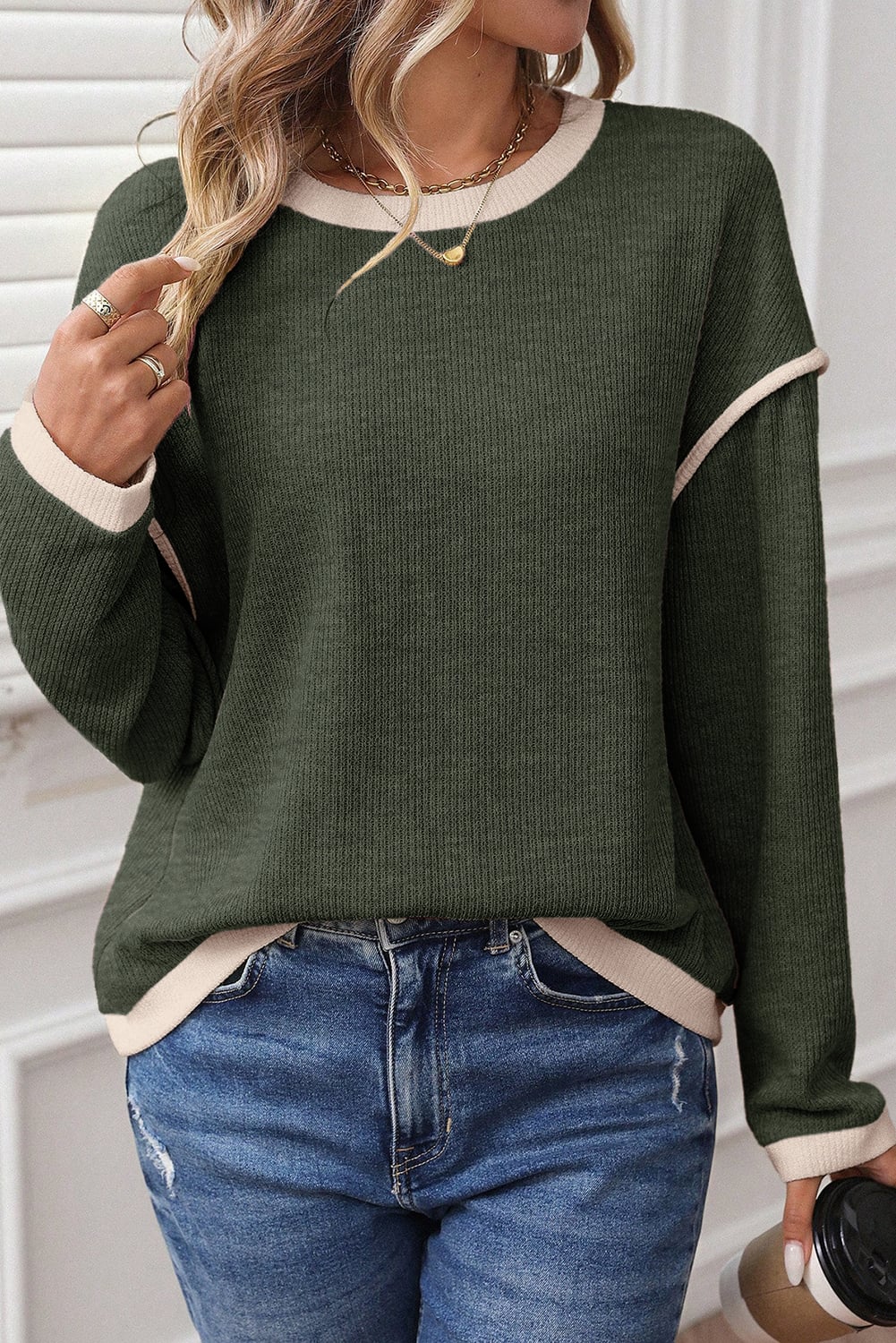 Four Leaf Clover Contrast Color Trim Knit Drop Shoulder Loose Top