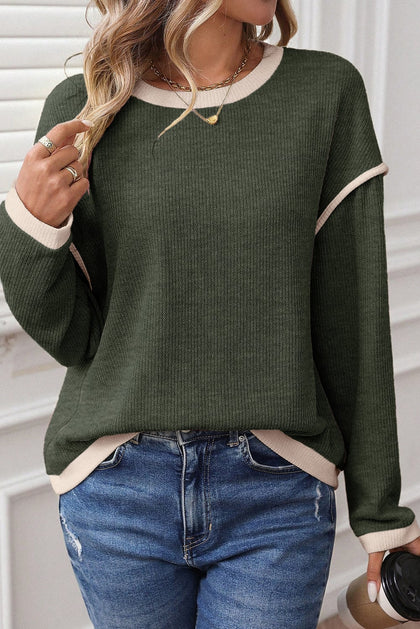 Four Leaf Clover Contrast Color Trim Knit Drop Shoulder Loose Top