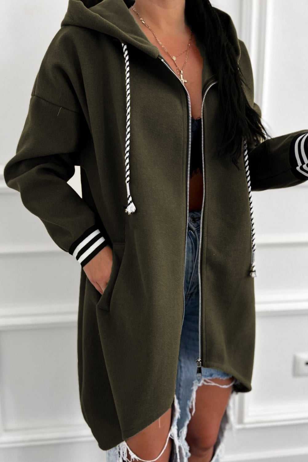 Four Leaf Clover Contrast Cuffed Drop Shoulder Zip up Tunic Hoodie