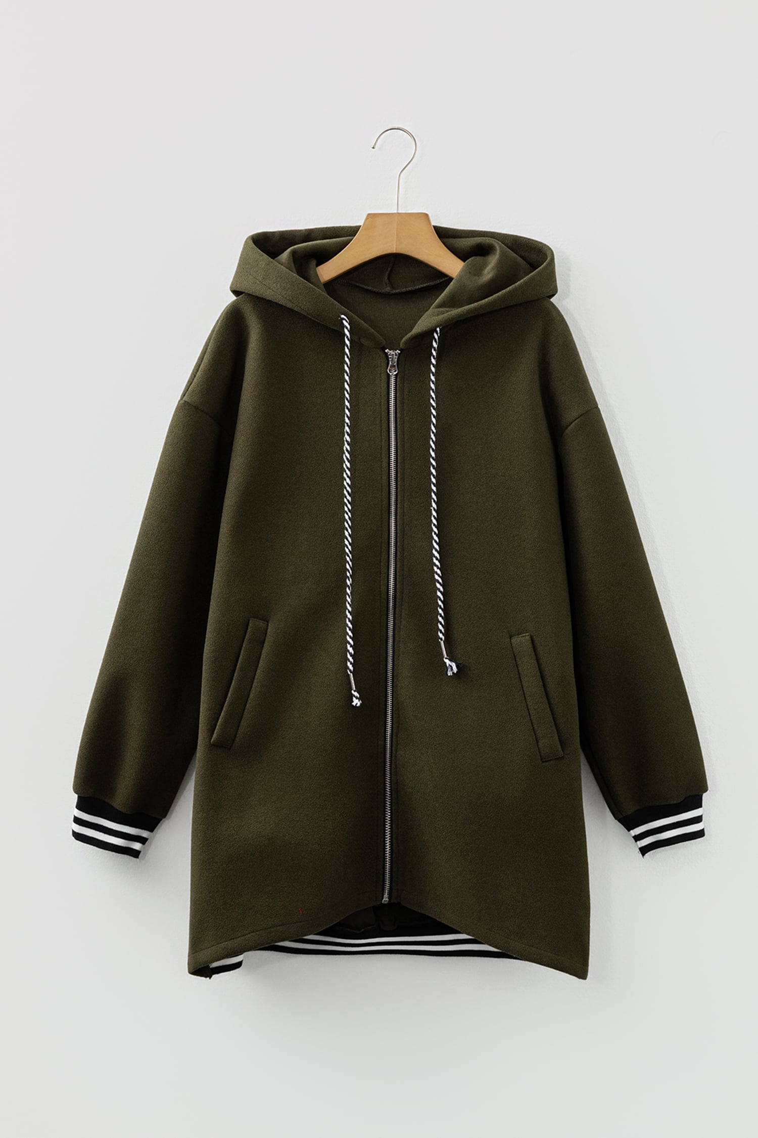 Four Leaf Clover Contrast Cuffed Drop Shoulder Zip up Tunic Hoodie