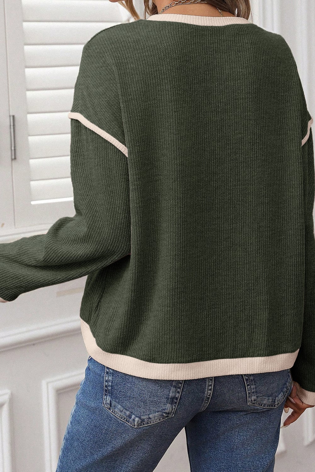 Four Leaf Clover Merry Patched Graphic Contrast Trim Christmas Knitted Long Sleeve Top