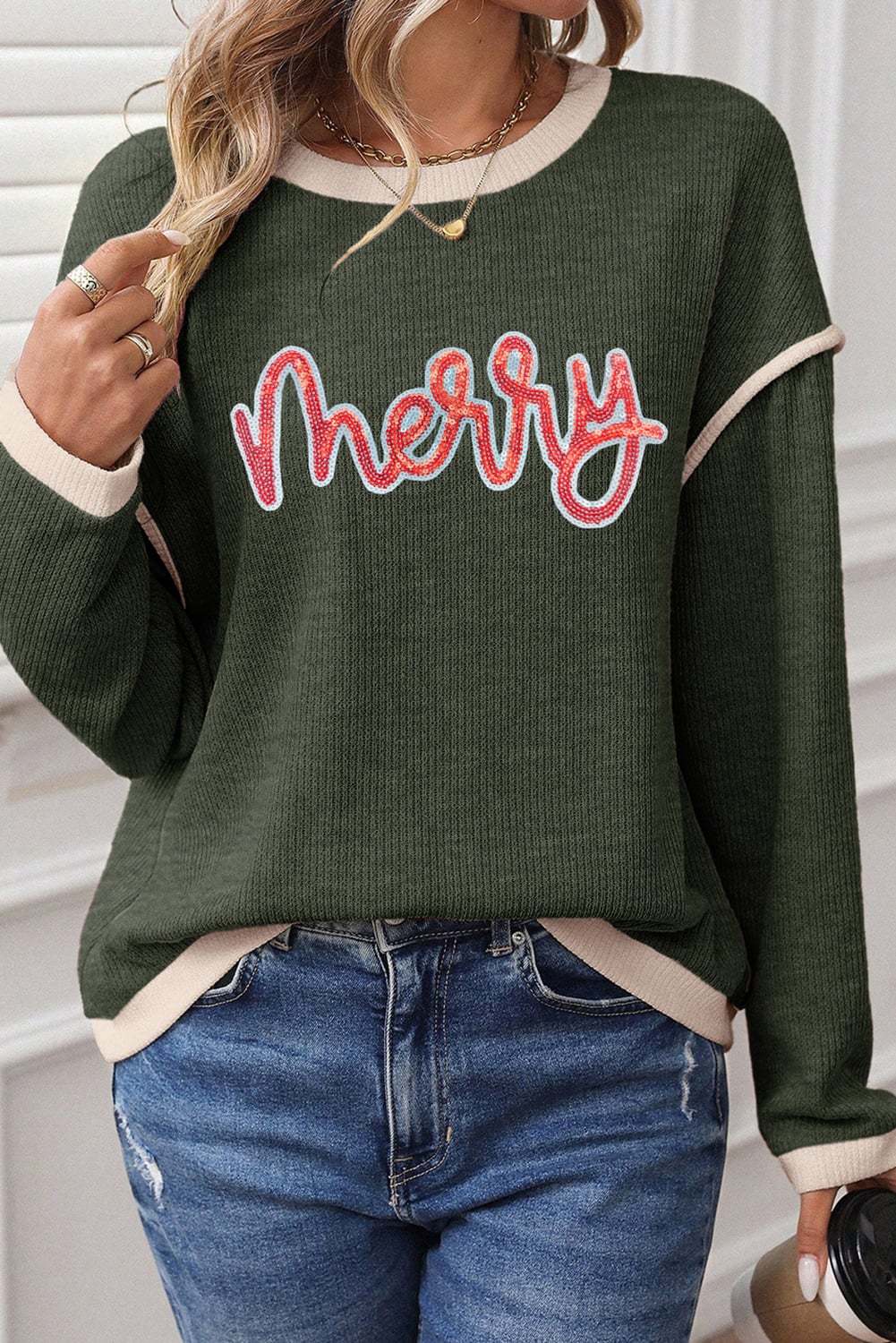 Four Leaf Clover Merry Patched Graphic Contrast Trim Christmas Knitted Long Sleeve Top