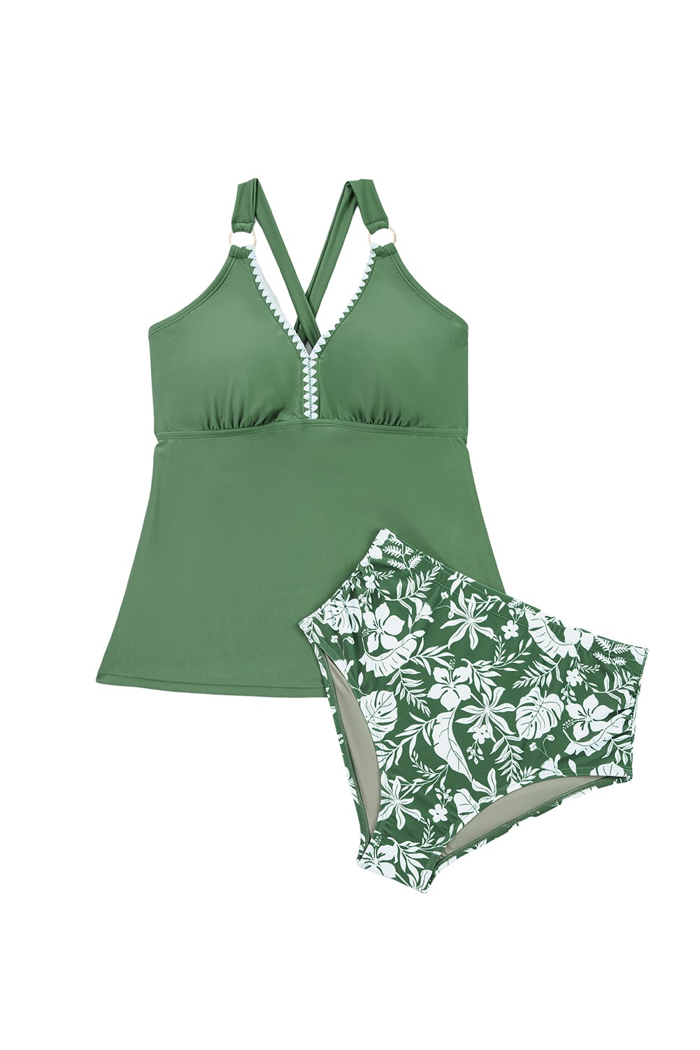 Four Leaf Clover O-ring Knot Back Straps Ricrac Trim V Neck Tankini Contrast Printed Swim Short 2pcs Set