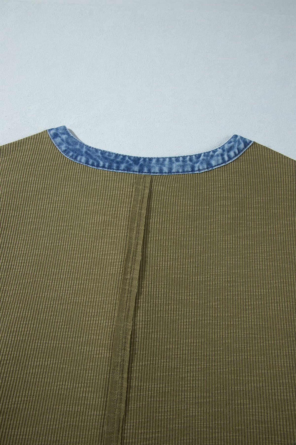 Four Leaf Clover Ribbed Knit Denim Accents V Neck Long Sleeve Oversized Fit Plus Size Blouse